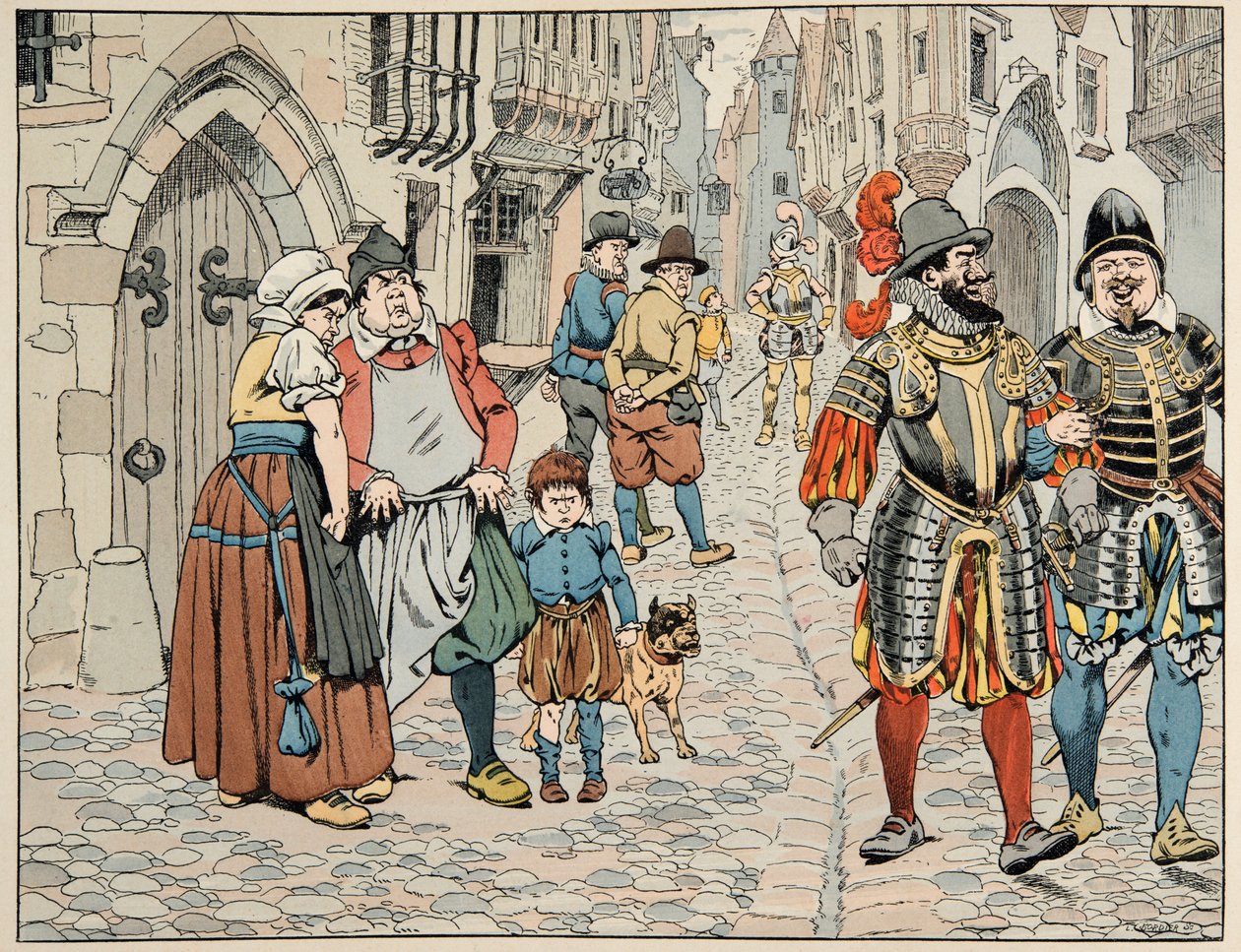 Illusztráció a „Le bon roy Henri” című könyvből, illusztrálta: Jacques Marie Gaston Onfray de Breville dit JOB (1858-1931): A párizsiak rossz szemmel látják a segítségükre érkező külföldi csapatokat - Magángyűjtemény alkotó: pseudonym for Onfray de Breville Jacques Job