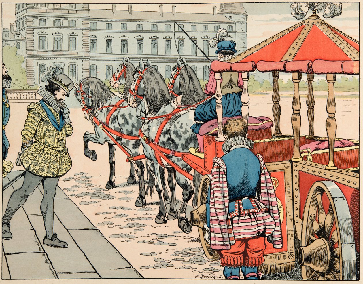 Illusztráció a „Le bon roy Henri” című könyvből, illusztrálta: Jacques Marie Gaston Onfray de Breville dit JOB (1858-1931): 1610. május 14-én IV. Henrik lovagolni készül fedetlen hintóján – Magángyűjtemény alkotó: pseudonym for Onfray de Breville Jacques Job