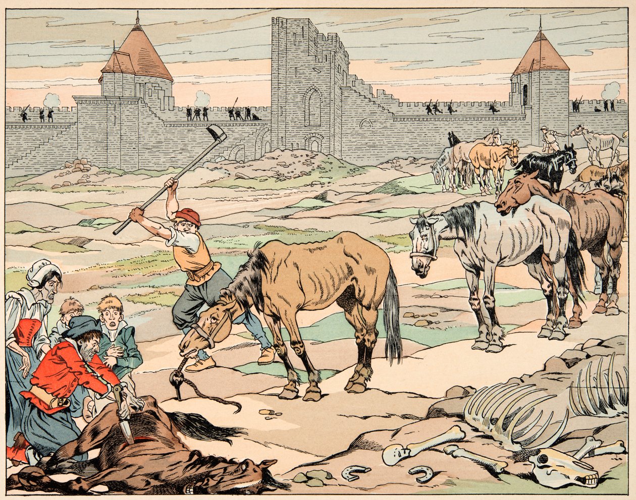 Illusztráció a „Le bon roy Henri” című könyvből, illusztrálta: Jacques Marie Gaston Onfray de Breville dit JOB (1858-1931): A párizsiak éhesen vágják le lovaikat - Magángyűjtemény alkotó: pseudonym for Onfray de Breville Jacques Job