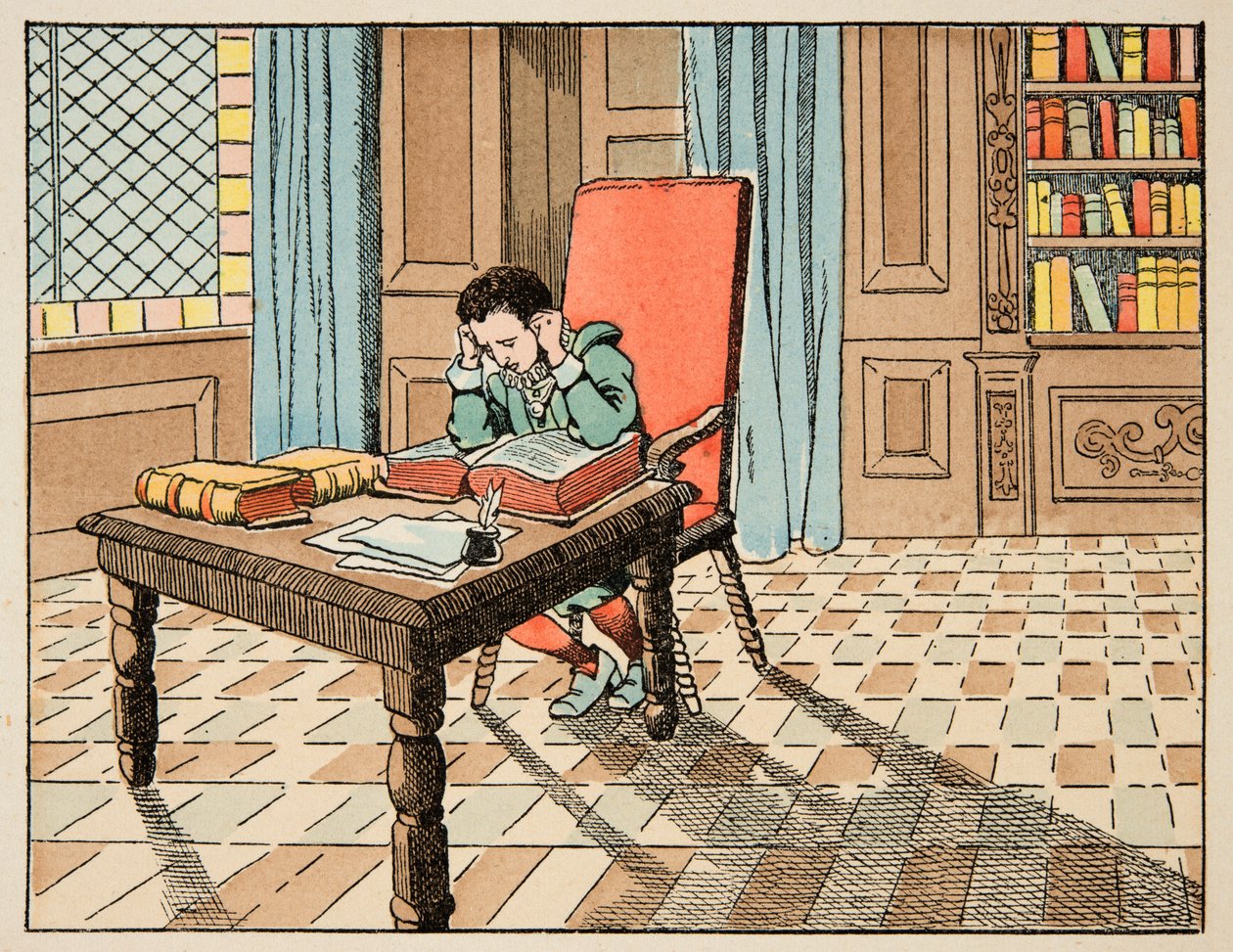 Illusztráció a „Le bon roy Henri” című könyvből, illusztrálta: Jacques Marie Gaston Onfray de Breville dit JOB (1858-1931): Oktatás a 16. században: előadás a klasszikusokról - Magángyűjtemény alkotó: pseudonym for Onfray de Breville Jacques Job