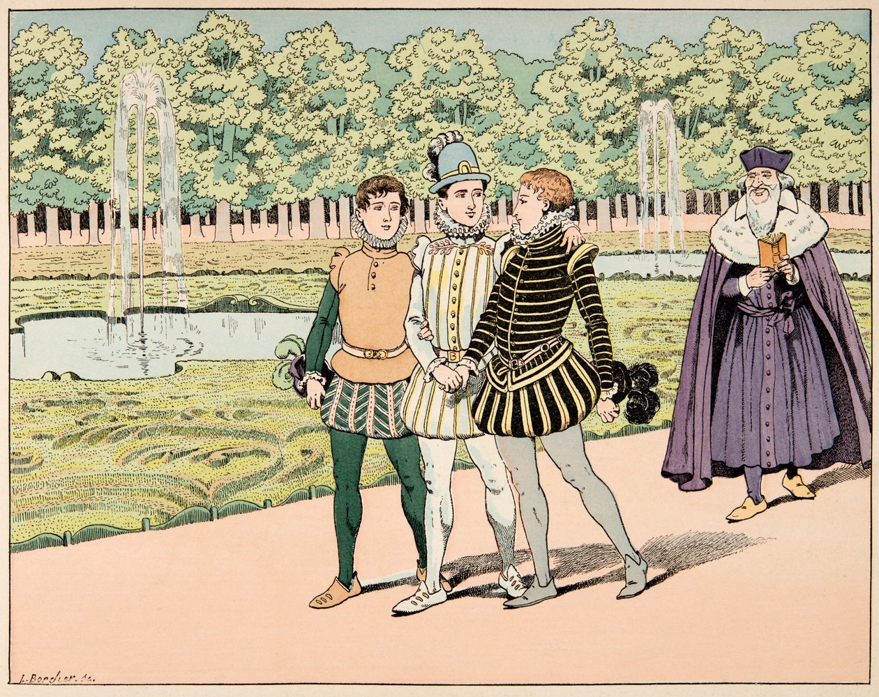 Illusztráció a „Le bon roy Henri” című könyvből, illusztrálta: Jacques Marie Gaston Onfray de Breville dit JOB (1858-1931): IV. Henrik barátságot kötött M de Segurral és M de La Rochefoucaulddal – Magángyűjtemény alkotó: pseudonym for Onfray de Breville Jacques Job