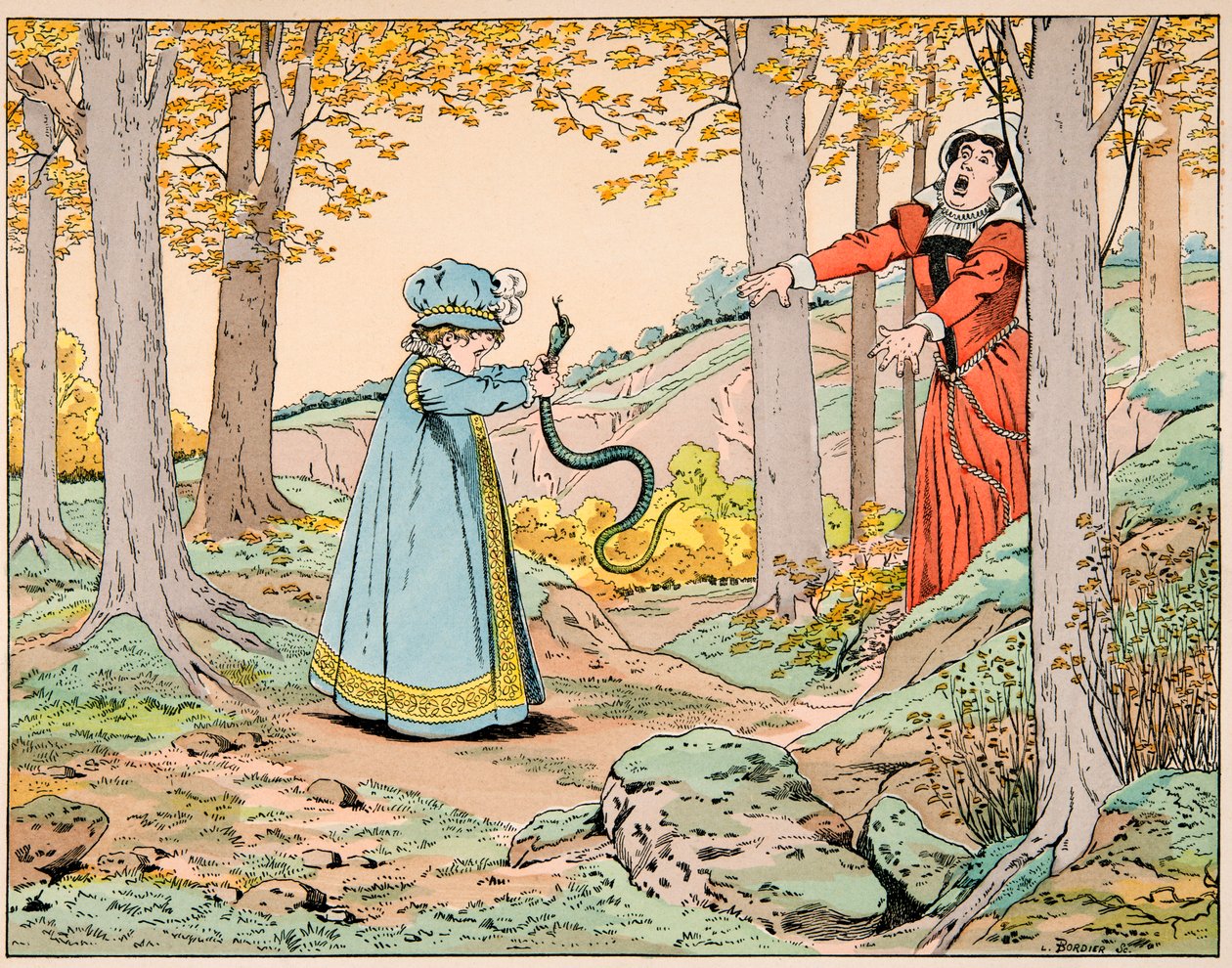 Illusztráció a „Le bon roy Henri” című könyvből, illusztrálta: Jacques Marie Gaston Onfray de Breville dit JOB (1858-1931): IV. Henrik négy évesen megöl egy hatalmas kígyót – Magángyűjtemény alkotó: pseudonym for Onfray de Breville Jacques Job