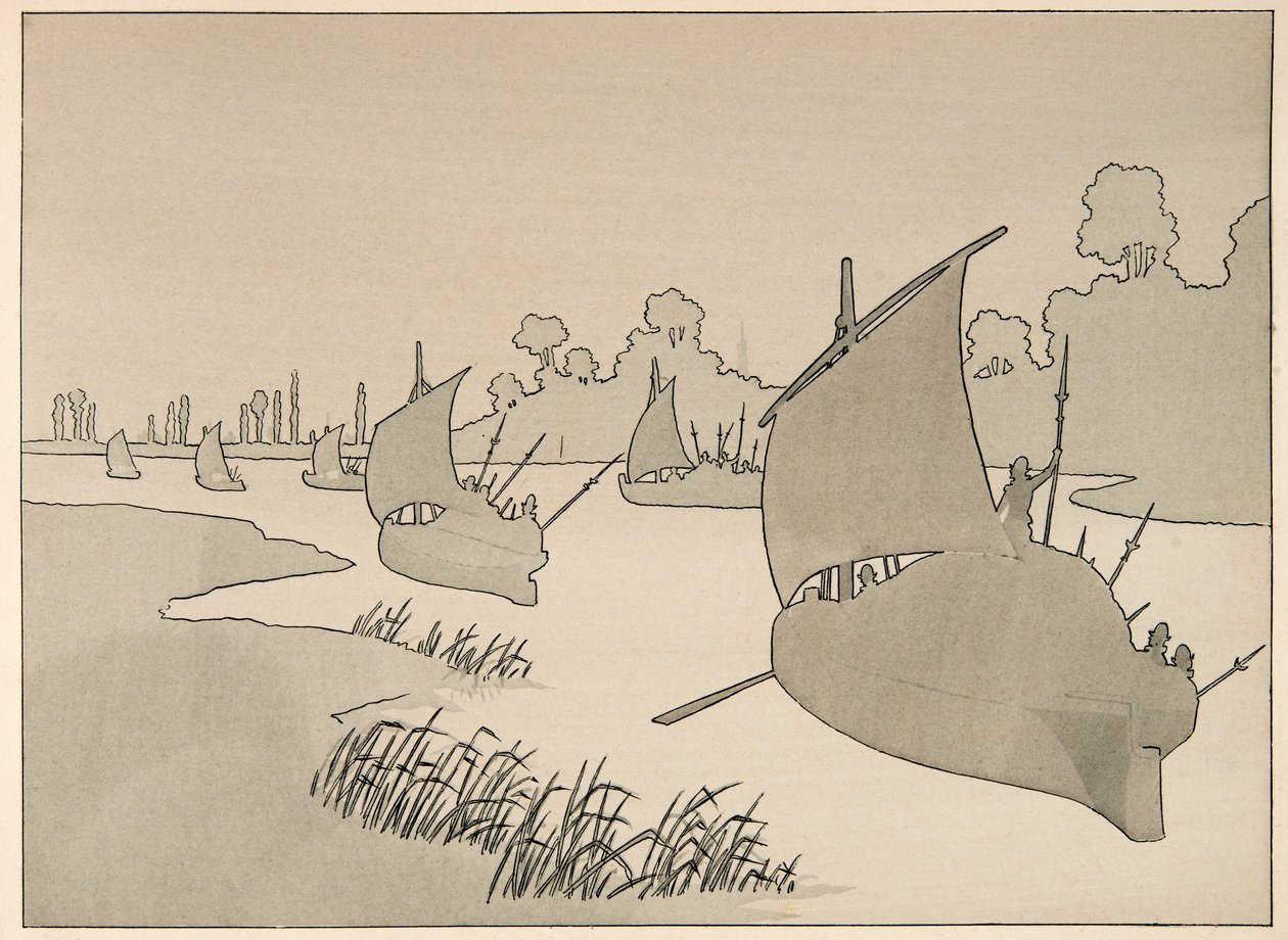 Illusztráció a „Le bon roy Henri” című könyvből, illusztrálta: Jacques Marie Gaston Onfray de Breville dit JOB (1858-1931): A pármai herceg hajón próbálja ellátni Párizst - Magángyűjtemény alkotó: pseudonym for Onfray de Breville Jacques Job