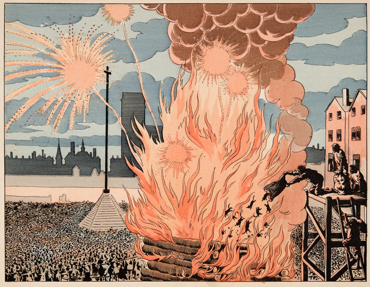 Illusztráció a „Le bon roy Henri” könyvből, illusztrálta: Jacques Marie Gaston Onfray de Breville dit JOB (1858-1931): Fire de joie place de strike in Paris – Magángyűjtemény alkotó: pseudonym for Onfray de Breville Jacques Job