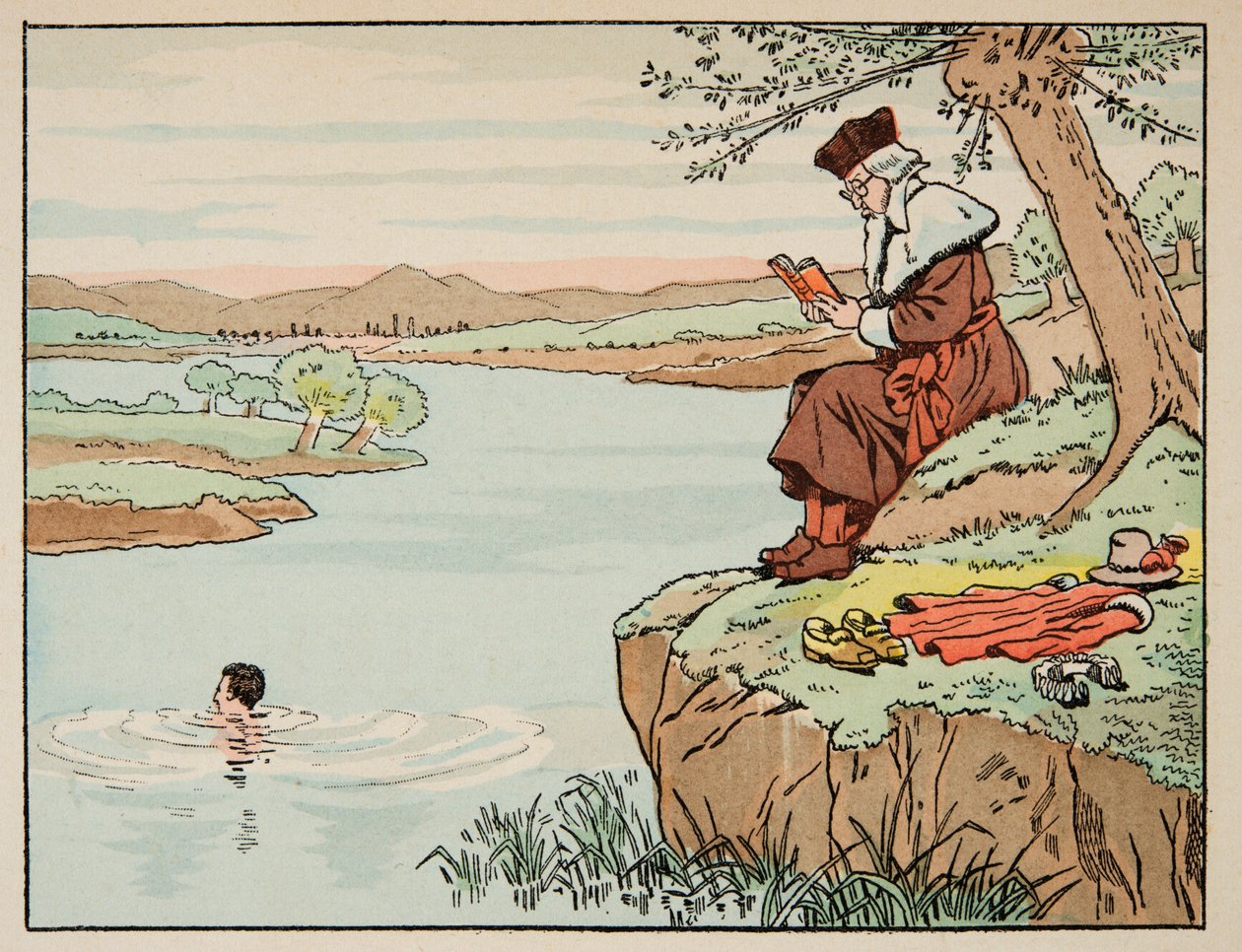 Illusztráció a „Le bon roy Henri” című könyvből, illusztrálta: Jacques Marie Gaston Onfray de Breville dit JOB (1858-1931): Oktatás a 16. században: úszás - Magángyűjtemény alkotó: pseudonym for Onfray de Breville Jacques Job