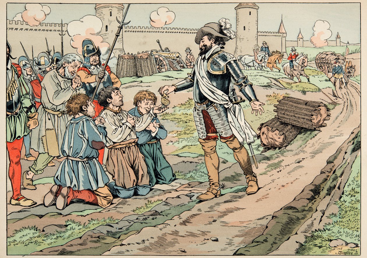 Illusztráció a „Le bon roy Henri” című könyvből, illusztrálta: Jacques Marie Gaston Onfray de Breville dit JOB (1858-1931): IV. Henrik pénzt ad és felszabadítja azokat a parasztokat, akik élelmiszert próbáltak bevinni Párizsba - Magángyűjtemény alkotó: pseudonym for Onfray de Breville Jacques Job