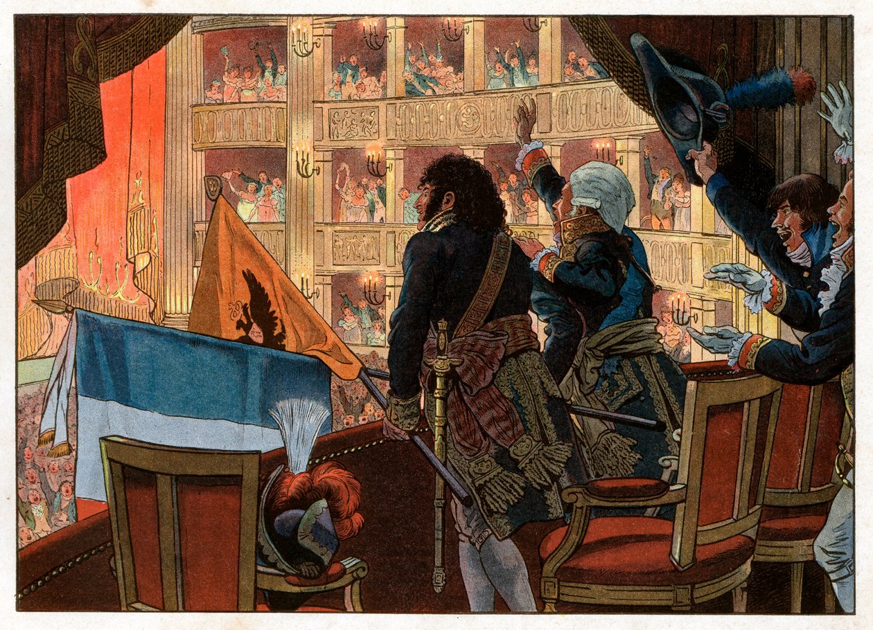 Firenzében, a színházteremben Joachim Murat (1767-1815) és egy orosz nagykövet a jelen legnagyobb örömével egyesíti zászlaját. Jacques Marie Gaston metszet, Onfray de Breville dit Job (1858-1931) alkotó: pseudonym for Onfray de Breville Jacques Job