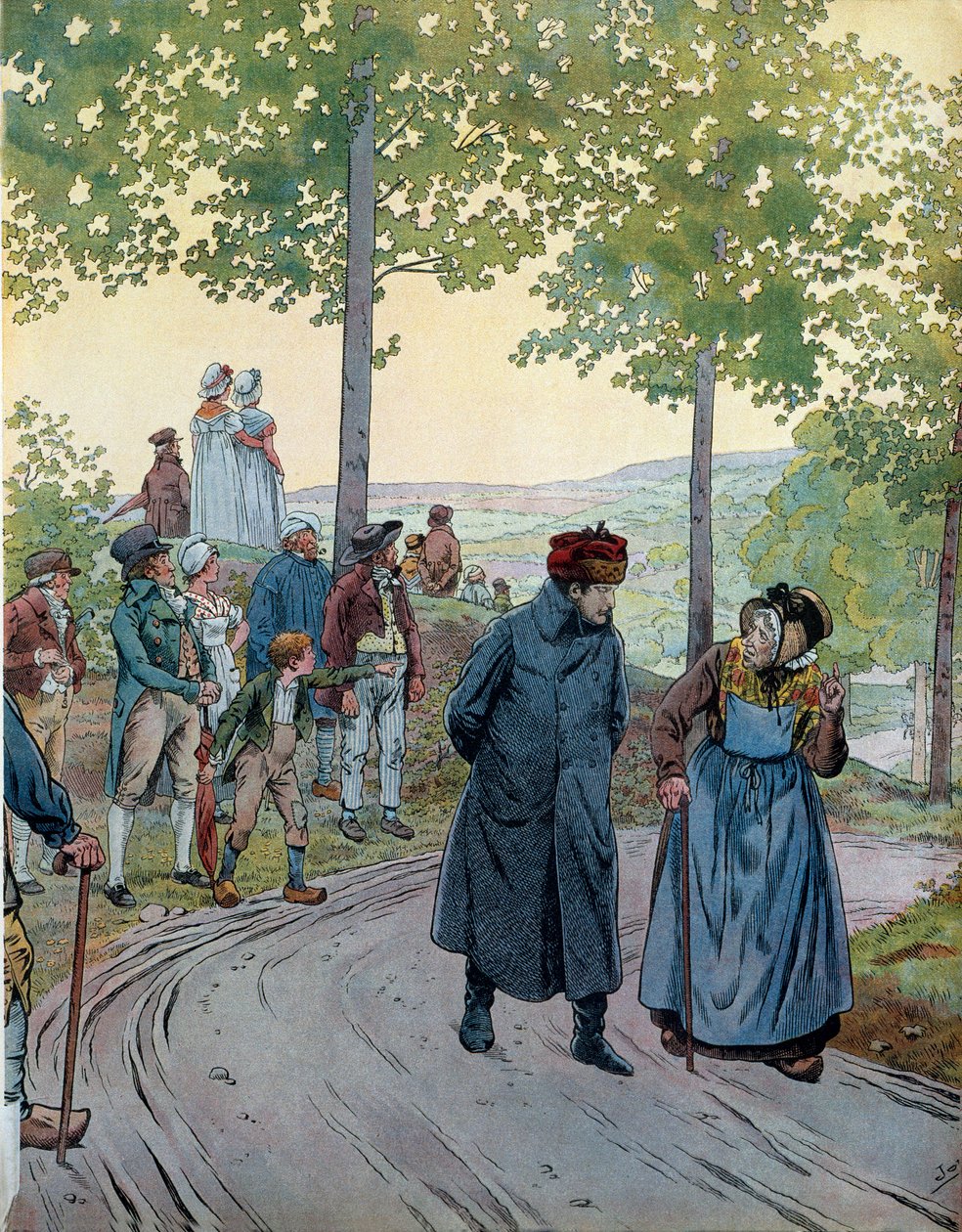 Tarare-ban I. Bonaparte Napóleon császár (1769-1821) megtér egy jó öregemberrel, aki nem találta ki a császárt, ebben a polgári öltönyben, utazósapkában, miután megkérdezte tőle, mi a haszna abból, ha átvált Capet és Napóleon között. válaszolta neki alkotó: pseudonym for Onfray de Breville Jacques Job