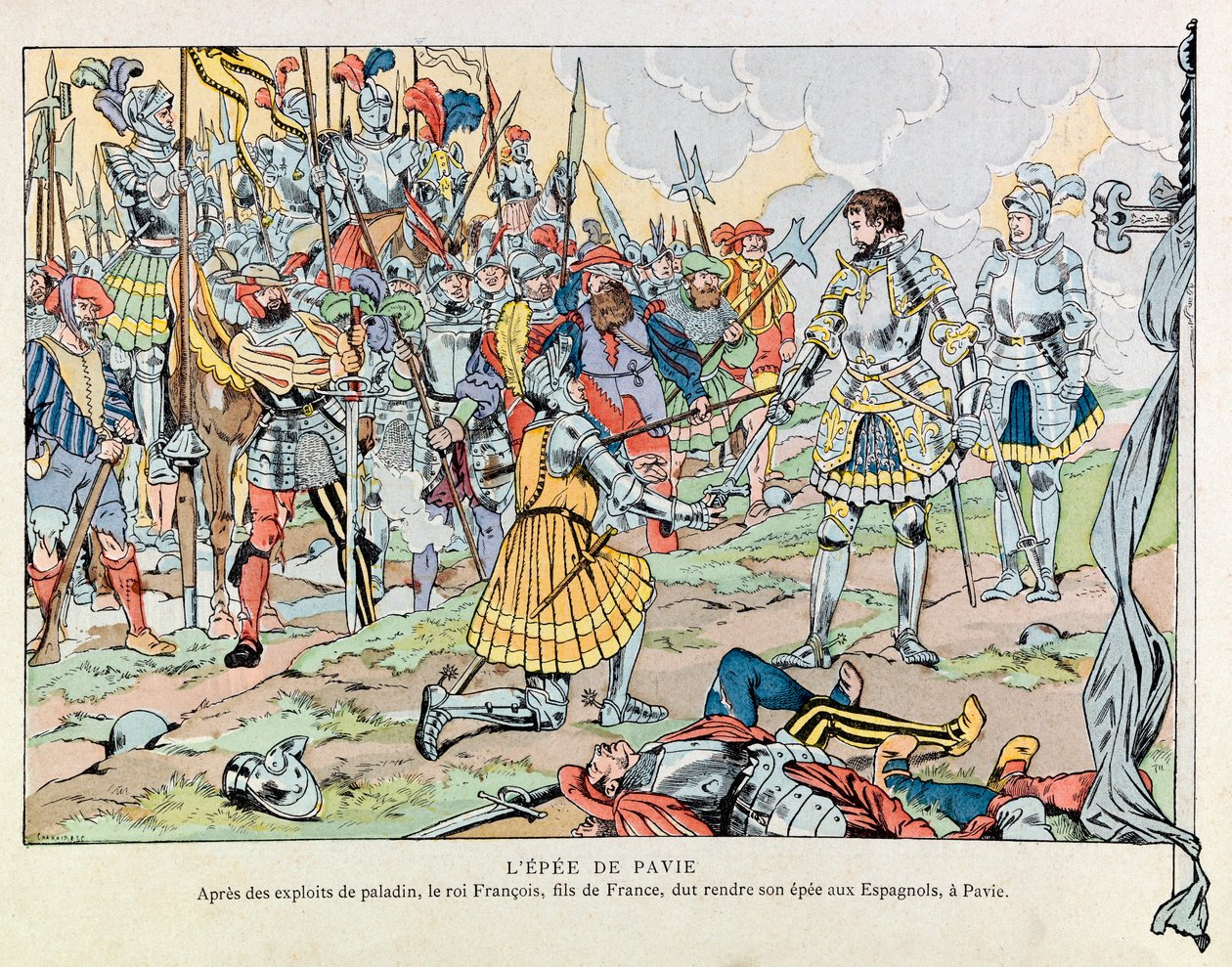 Jacques Marie Gaston Onfray de Breville az állásban (1858-1931); Illusztráció a „Les epees de France” című könyvből: 1. Francois király visszaadja kardját a spanyoloknak Pavia február 24-i veresége után alkotó: pseudonym for Onfray de Breville Jacques Job