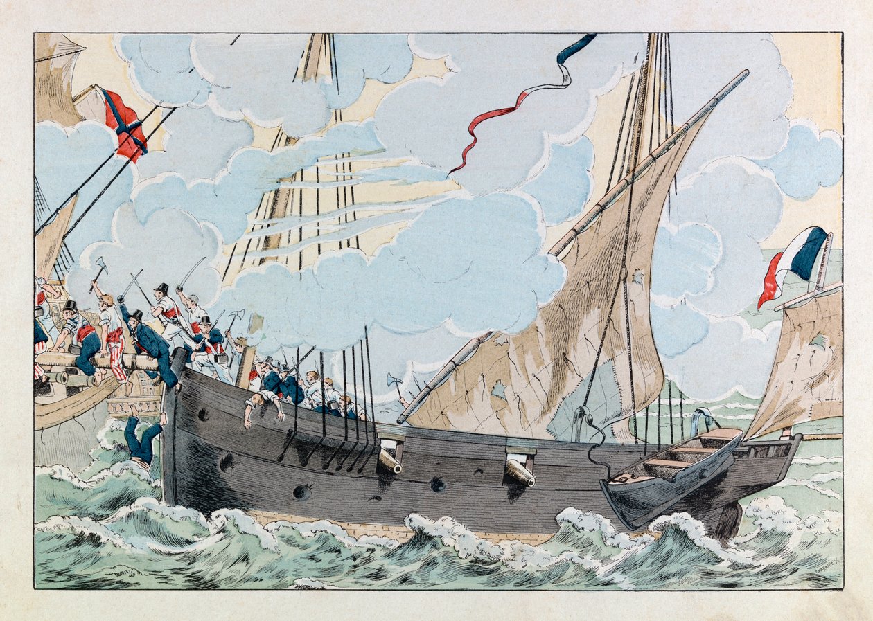 Jacques Marie Gaston Onfray de Breville az állásban (1858-1931); Illusztráció a „” Les epees de France”” könyvből: Robert Surcouf (1773-1827) „” La Coquette „” hajójával megtámadja a „” The Queen Mary „” angol hajót; Coll, rész alkotó: pseudonym for Onfray de Breville Jacques Job