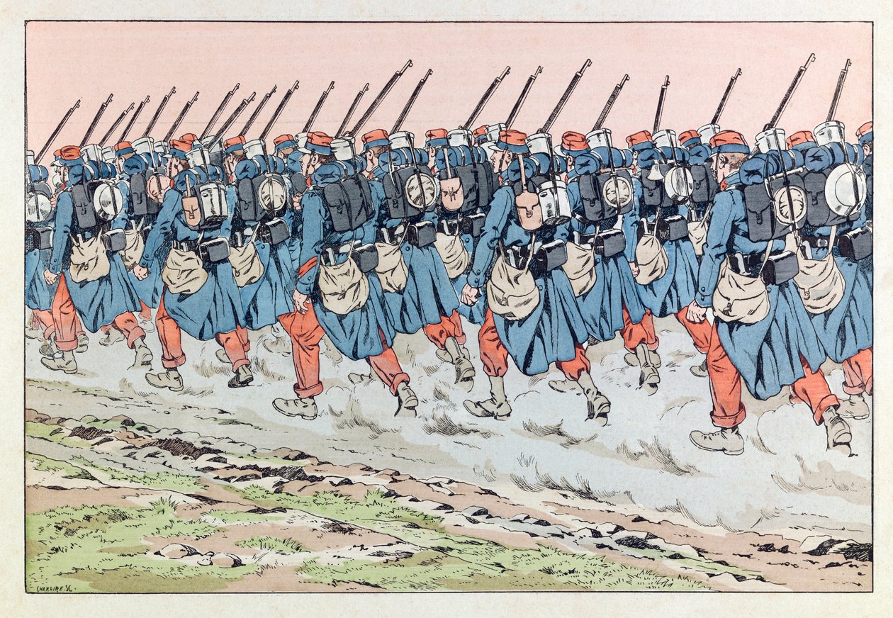 Jacques Marie Gaston Onfray de Breville: JOB (1858 - 1931); Illusztráció a „Les epees de France” című könyvből: A 14 évesek szőrös egyedei úton a front felé; Coll, Share alkotó: pseudonym for Onfray de Breville Jacques Job