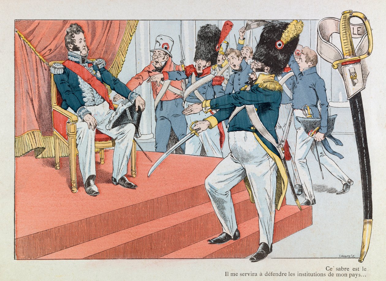 Jacques Marie Gaston Onfray de Breville az állásban (1858-1931); Az illusztráció a „Les epees de France” című könyvből vett: Louis Philippe (1773-1850) a trónon (Henri Monnier a Nemzetőrség jelvényét kapja „” Ez a szablya a legszebb alkotó: pseudonym for Onfray de Breville Jacques Job