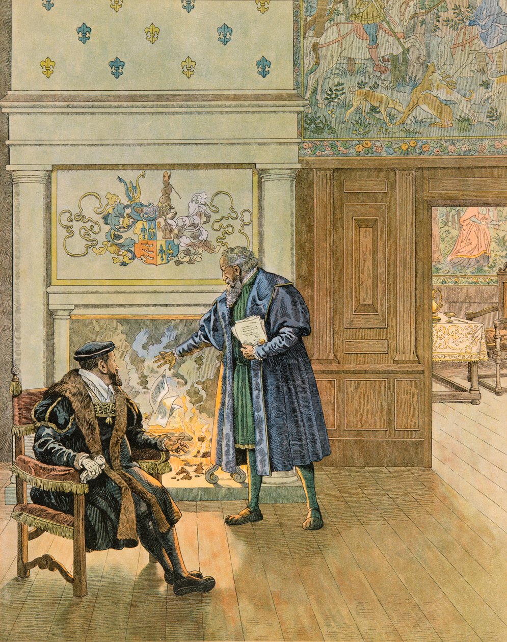Jacques Marie Gaston Onfroy de Breville dit JOB (1858-1931) - Belgium története: V. Károly császár (1500 - 1558) meglátogatja Antwerpen városának nagy kereskedőit és pénzembereit, Magángyűjtemény alkotó: pseudonym for Onfray de Breville Jacques Job