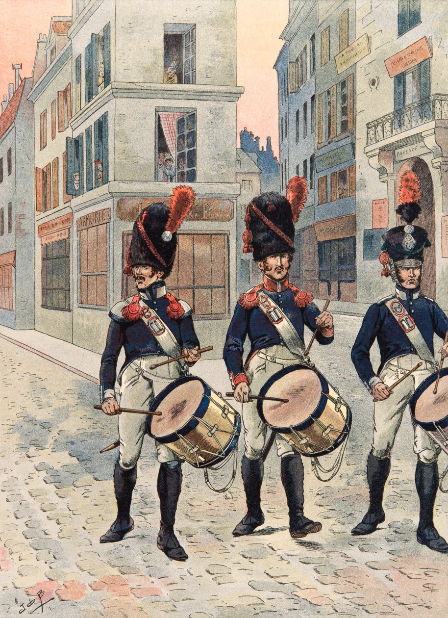 Jacques Marie Gaston Onfroy de Breville munkája során (1858-1931) – A francia csapatok mindenkori felszerelése: a párizsi nemzeti gárda dobjai (1814-1815), Magángyűjtemény alkotó: pseudonym for Onfray de Breville Jacques Job