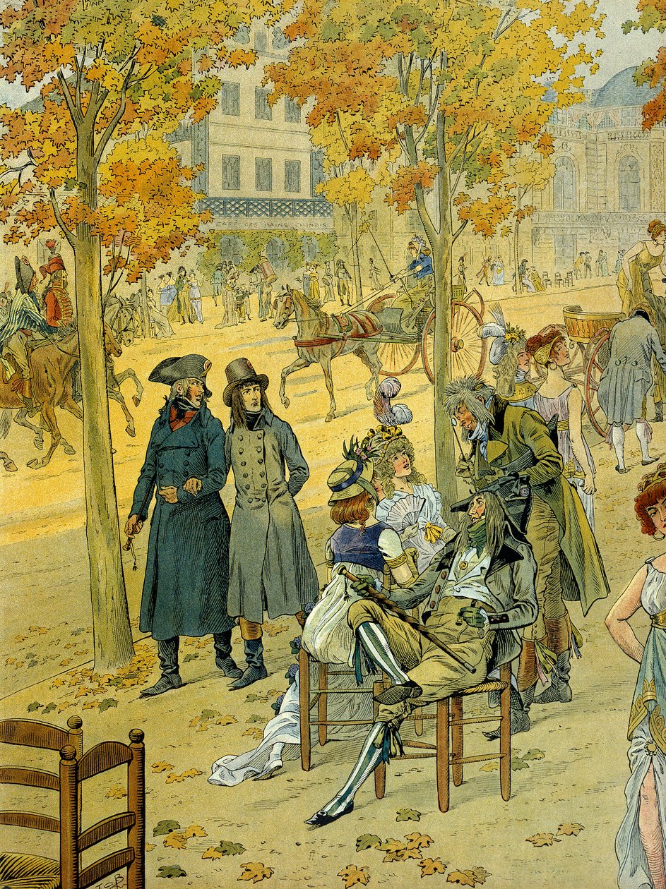 Jean Andoche Junot (Jean-Andoche) (1771-1813) és I. Bonaparte Napóleon (1769-1821) a párizsi Boulevard de Coblenz (Boulevard de Ghent) mentén sétál a Hihetetlen előtt. Illusztráció: Jacques Marie Gaston Onfray de Breville a JOB-ban (1858-1931) alkotó: pseudonym for Onfray de Breville Jacques Job