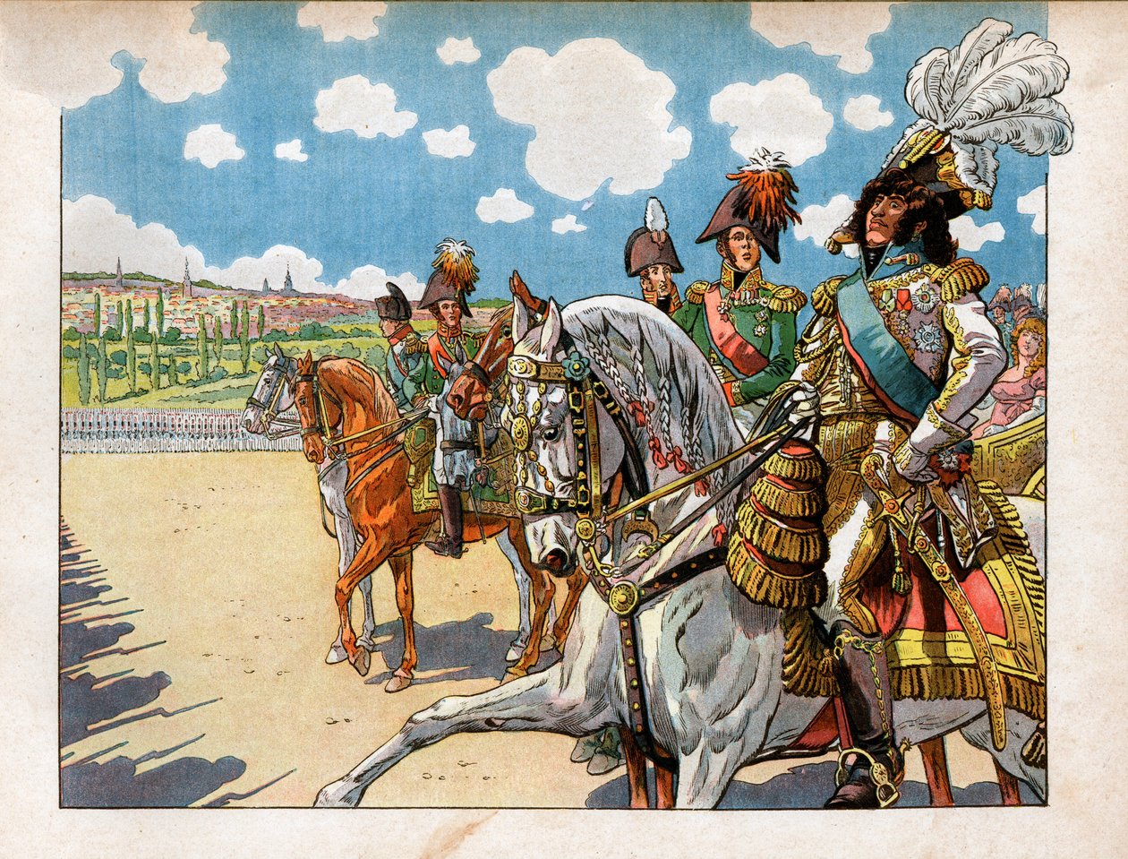 Joachim Murat (1767-1815) elkísérte I. Bonaparte Napóleont (1869-1921) és I. Sándor orosz császárt (1777-1825) az 1807. július 7-i Tilsiti Szerződés alatti csapatok felülvizsgálata során. Jacques Marie Gaston Onfray de metszete Breville dit Job (185 alkotó: pseudonym for Onfray de Breville Jacques Job