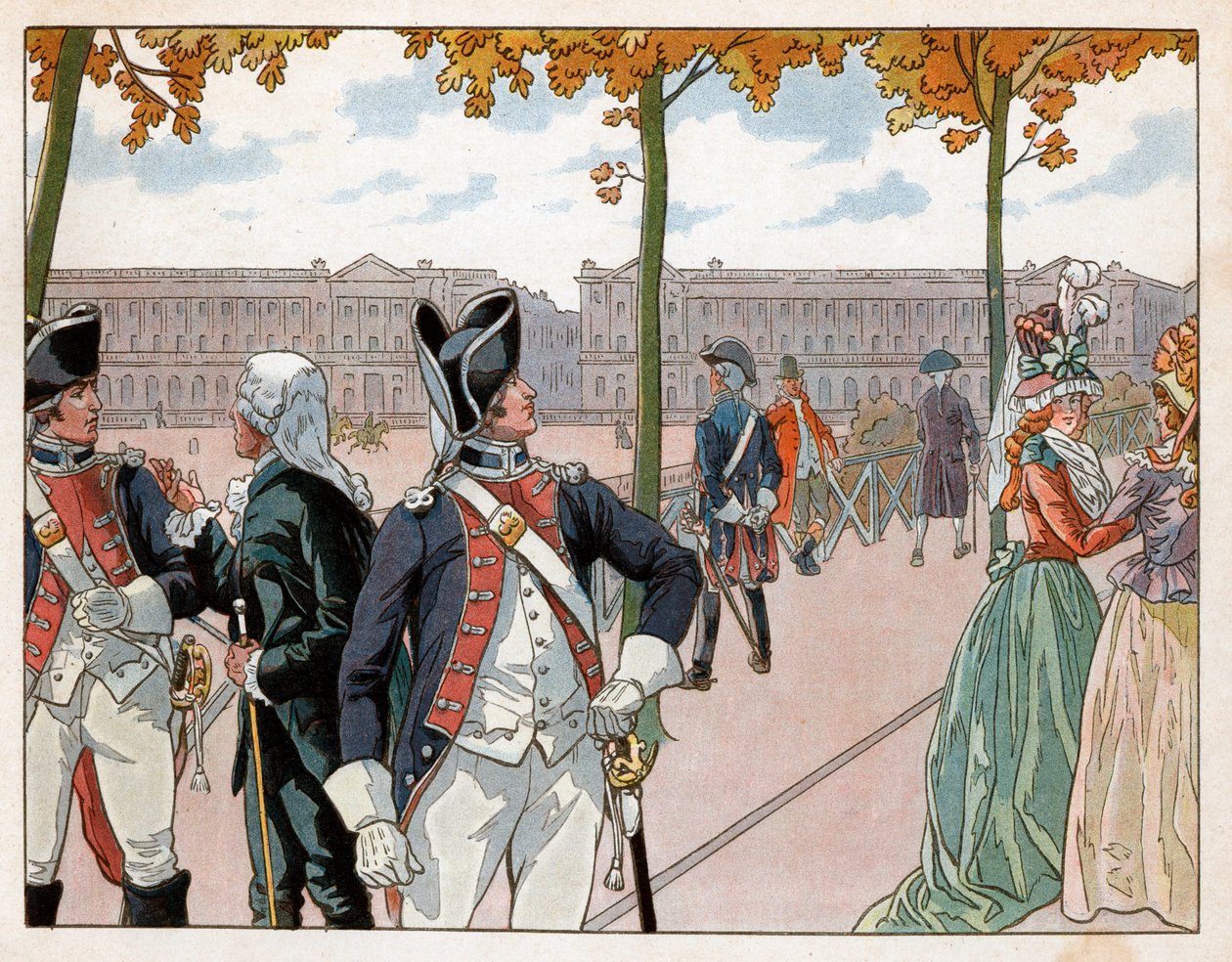 Joachim Murat (1767-1815) és Bessieres Párizsban 1791-ben a király alkotmányos őrének jelmezében. Jacques Marie Gaston metszet, Onfray de Breville dit Job (1858-1931) alkotó: pseudonym for Onfray de Breville Jacques Job