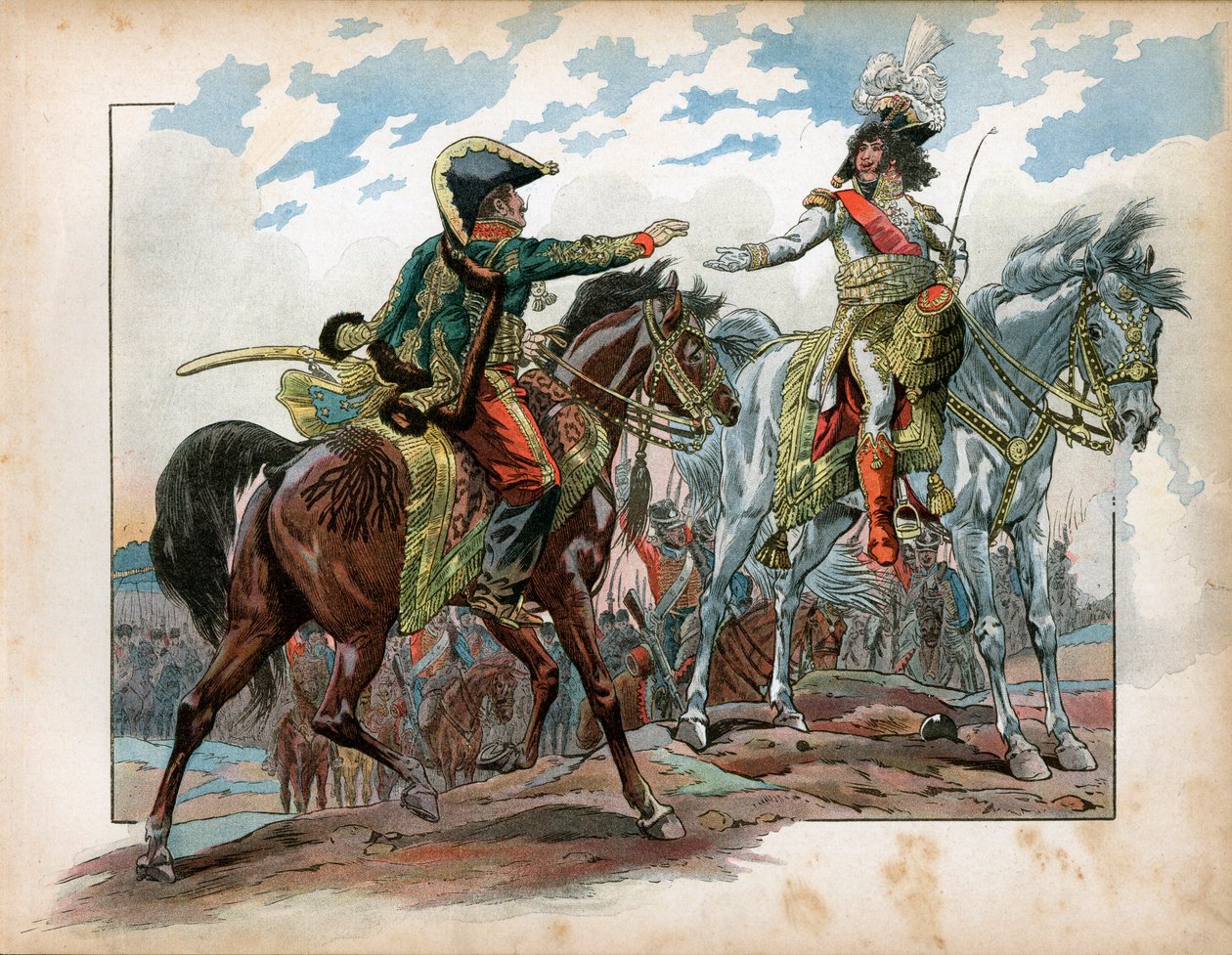 Joachim Murat (1767-1815) és Antoine Charles Louis de La Salle (Lasalle) tábornok (1775-1809) az 1807-es heilsbergi csata során. Jacques Marie Gaston metszete Onfray de Breville dit Job (1858-1931) alkotó: pseudonym for Onfray de Breville Jacques Job