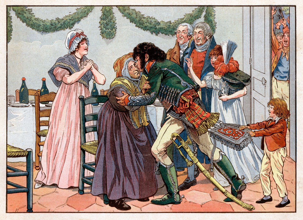 Joachim Murat (1767-1815) odahaza megcsókolja édesanyját a családi fogadóban. Jacques Marie Gaston metszet, Onfray de Breville dit Job (1858-1931) alkotó: pseudonym for Onfray de Breville Jacques Job