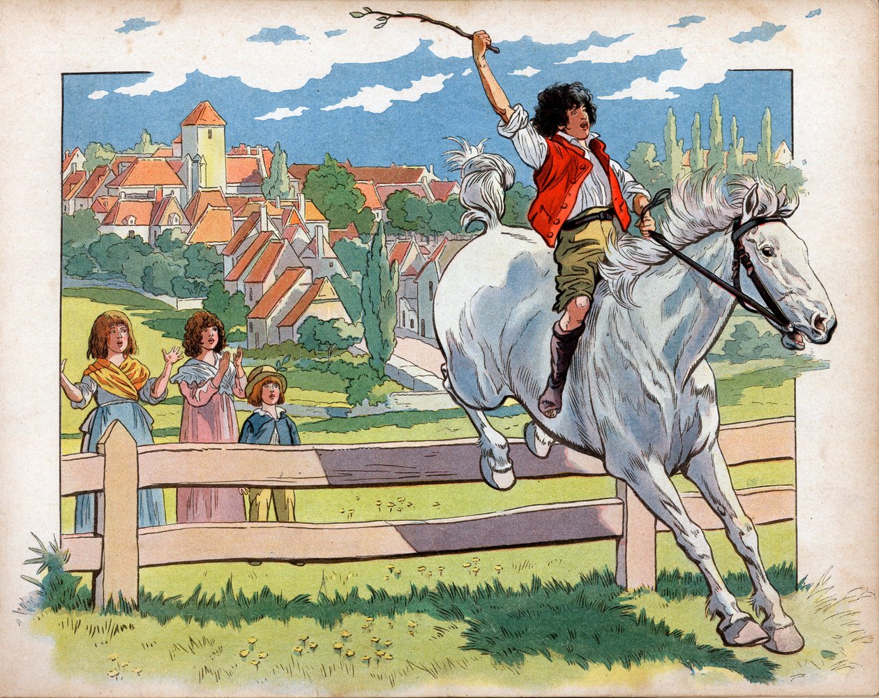 Joachim Murat (1767-1815) lovon ülő gyermek sövényeket ugrál. Jacques Marie Gaston metszet, Onfray de Breville dit Job (1858-1931) alkotó: pseudonym for Onfray de Breville Jacques Job
