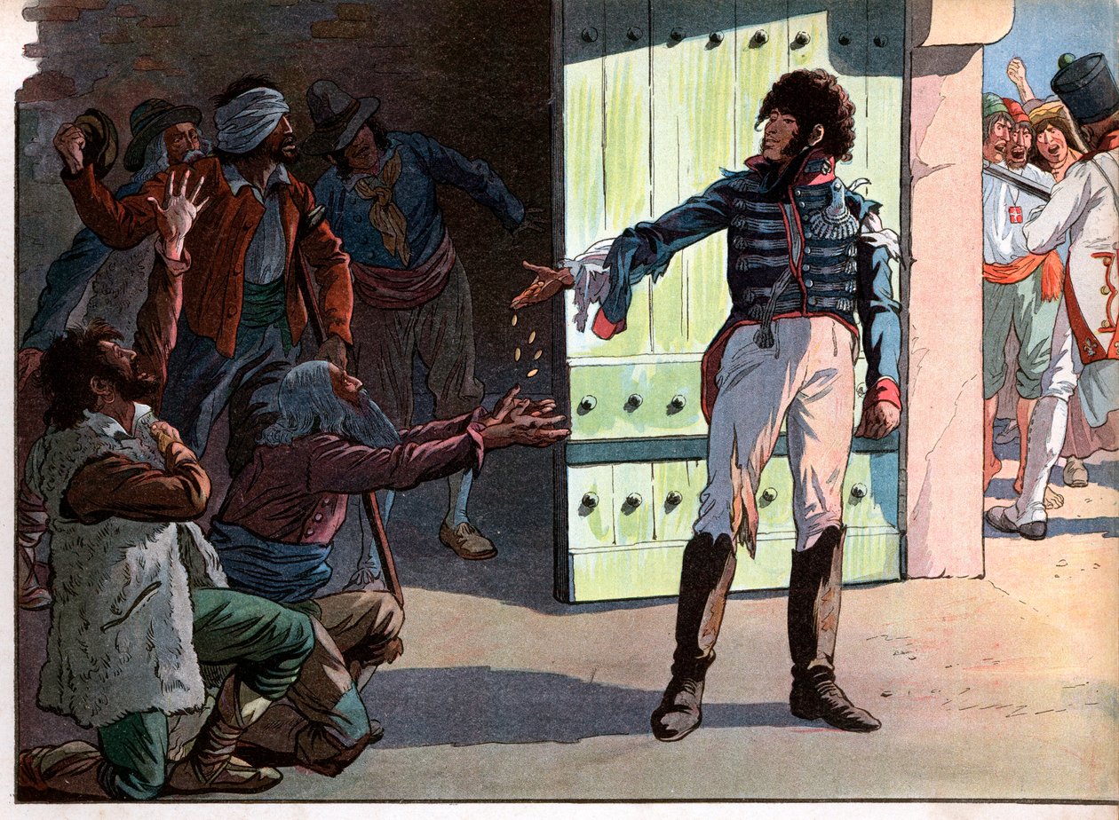 Joachim Murat (1767-1815), a nápolyi dechu király, a Pizzo kikötő erődítményének fogolya, 1815-ben vele együtt osztotta szét a pénzét a rabban lévő banditáknak. Jacques Marie Gaston metszet, Onfray de Breville dit Job (1858-1931) alkotó: pseudonym for Onfray de Breville Jacques Job