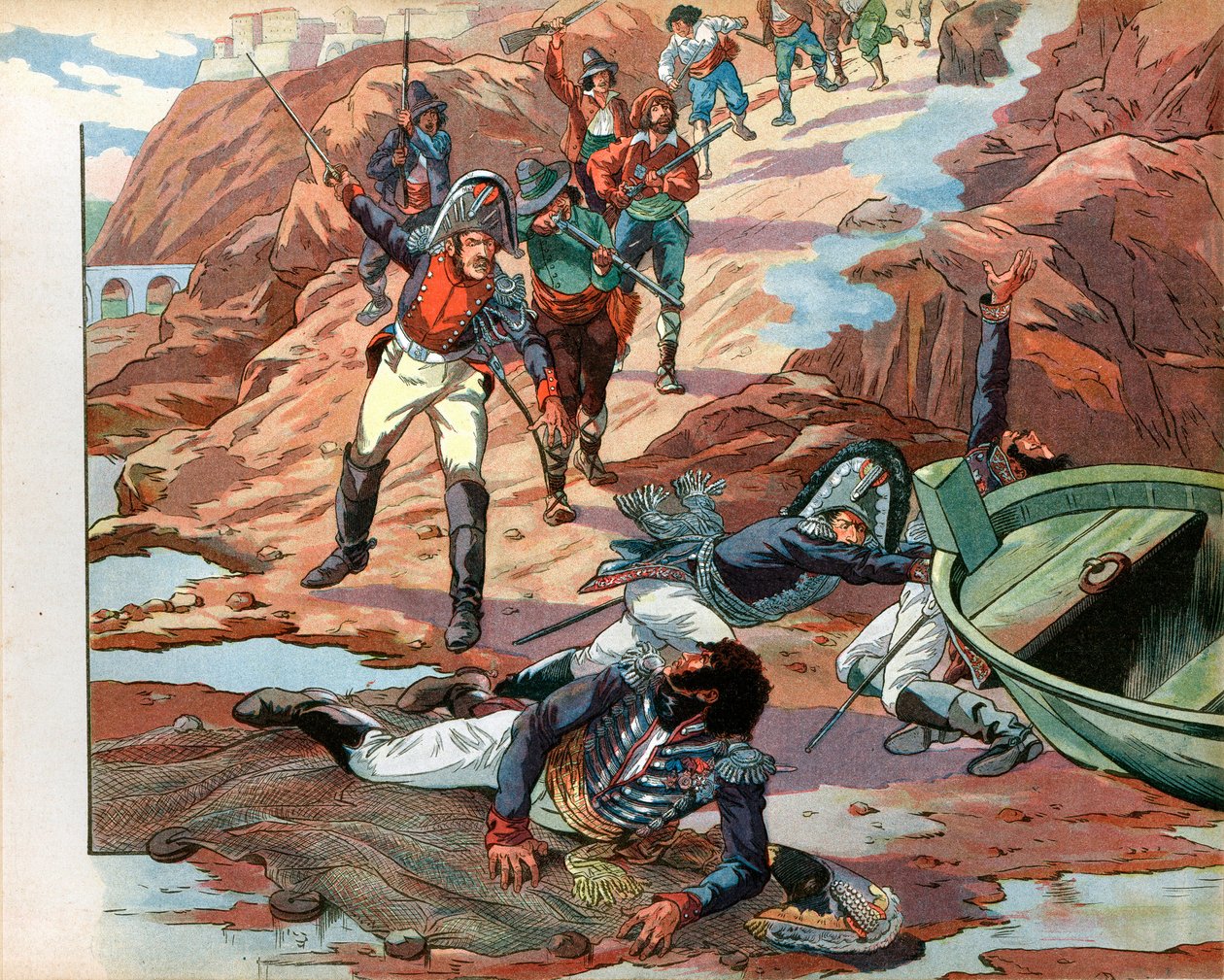Joachim Murat (1767-1815), dechu nápolyi király, 1815-ben a calabriai Pizzóban ejtette foglyul az ellenséges tömeg. Jacques Marie Gaston metszete Onfray de Breville dit Job (1858-1931) alkotó: pseudonym for Onfray de Breville Jacques Job