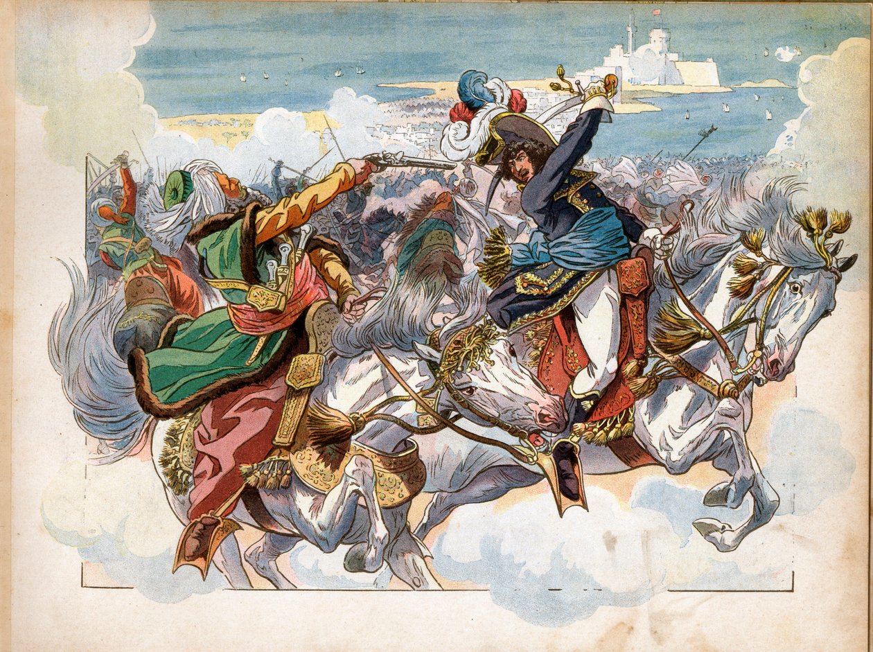 Joachim Murat (1767-1815) az 1799-es aboukir-i csata során, az egyiptomi hadjárat (expedíció) során elfogta Mustapha Pasha tábornokot, miután állkapcson lőtték; hadosztálytábornokká tették a csata után. Jacques Marie Gaston Onfra metszete alkotó: pseudonym for Onfray de Breville Jacques Job