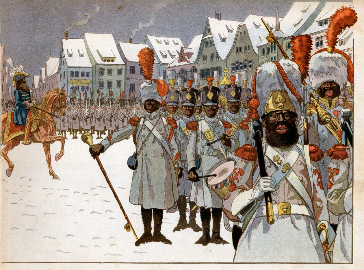 Joachim Murat (1767-1815) megmentette a hadsereg parancsnokságát, miután a császár elhagyta Oroszországot. A koenigsbergi főhadiszállásán áttekint egy feketékből álló társaságot. Jacques Marie Gaston metszet, Onfray de Breville dit Job (1858-1931) alkotó: pseudonym for Onfray de Breville Jacques Job