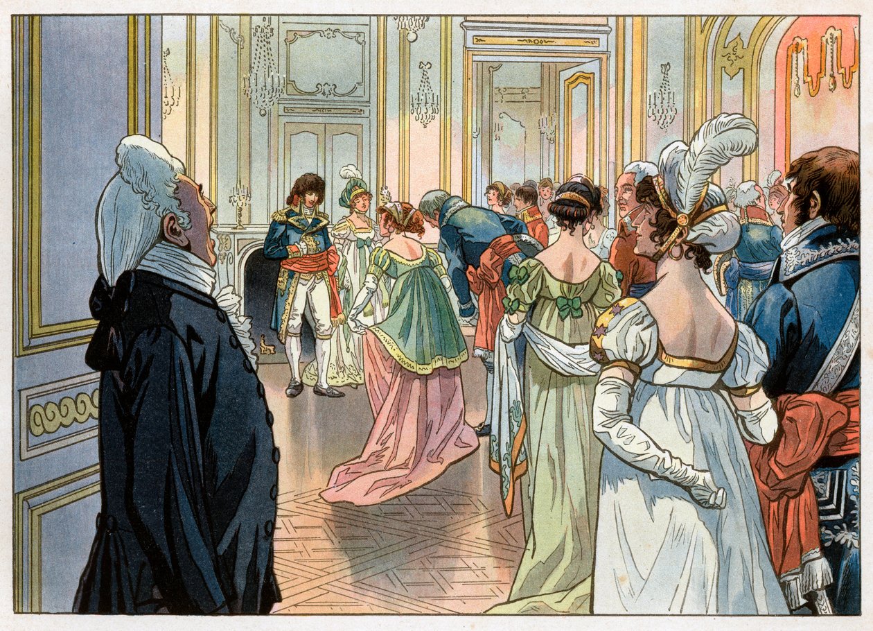 Joachim Murat (1767-1815) Párizs akkori kormányzója és felesége, Caroline Bonaparte (1782-1839) egy partin fogadta a vendégeket a párizsi Vendome szállodájában. A meghívást egy szolga hirdeti meg, majd áhítattal fordul vendégeik előtt. Gravírozás által alkotó: pseudonym for Onfray de Breville Jacques Job