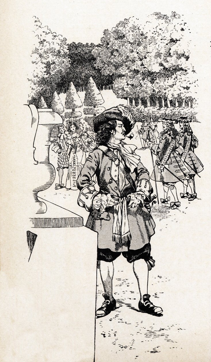 XIV. Lajos francia király Soleil királyt (1638-1715) hívta udvartársaival Versailles kertjében. Illusztráció Jobról (Jacques Marie Gaston Onfray és Breville) (Jacques-Marie) (1858-1931) a „Franciaország nagy történelmi szavai” című könyvhöz alkotó: pseudonym for Onfray de Breville Jacques Job