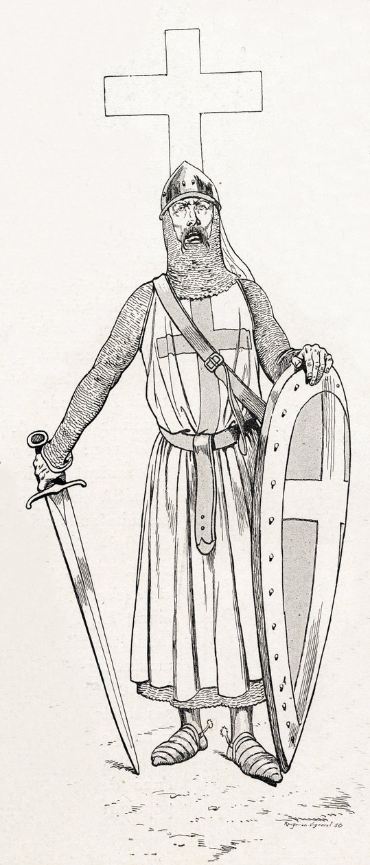 IX. Lajos lovagja, Szent Lajos néven ismert (1214-1270) keresztes hadjárat jelmezében. Illusztráció Jobról (Jacques Marie Gaston Onfray és Breville) (Jacques-Marie) (1858-1931) a „Les grands mots historique du pays de France” című könyvhöz, 1915. Privee Co alkotó: pseudonym for Onfray de Breville Jacques Job