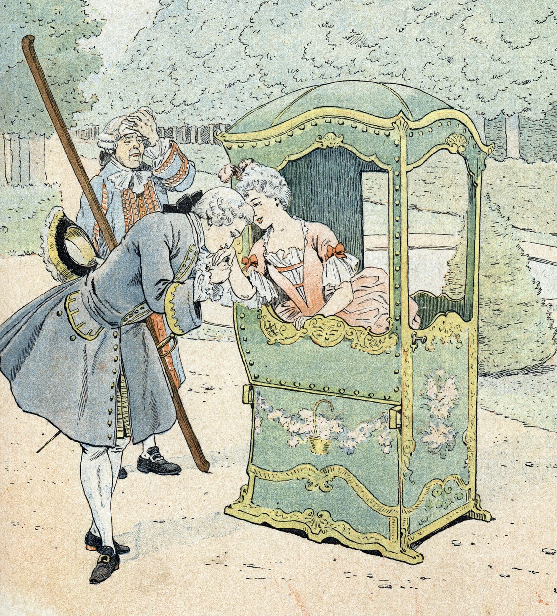 Nemesi hölgy a 18. században, egy széken, hordárokkal, akik kézcsókot kapnak alkotó: pseudonym for Onfray de Breville Jacques Job