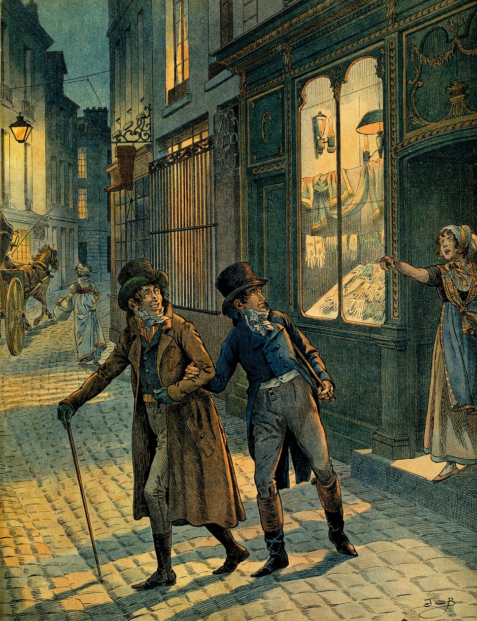Louis Antoine Fauvelet de Bourrienne (1769-1834) és I. Bonaparte Napóleon (1769-1821) Párizs utcáin inkognitóban. Illusztráció: Jacques Marie Gaston Onfray de Breville a JOB-ban (1858-1931). Magángyűjtemény alkotó: pseudonym for Onfray de Breville Jacques Job