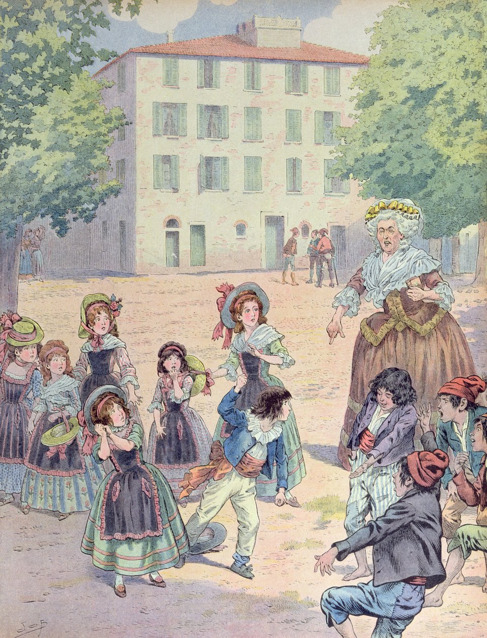 Bonaparte Napóleon (1769-1821) gyermekként vitában társaival a korzikai Ajaccióban lévő otthona előtt, 1910 körül (színes litó) alkotó: pseudonym for Onfray de Breville Jacques Job