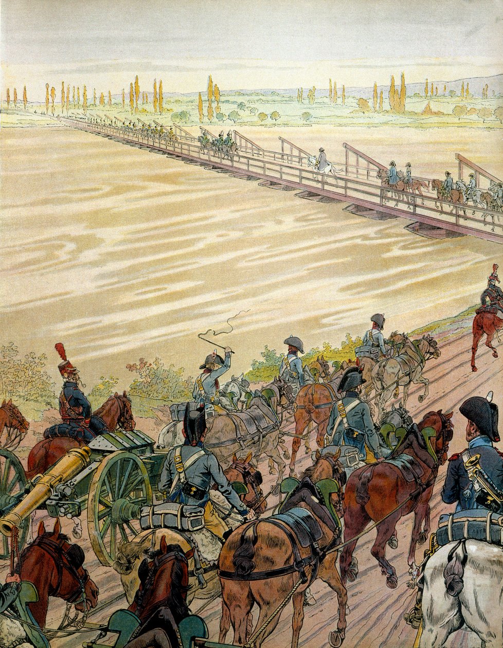 I. Bonaparte Napóleon (1769-1821) és serege 1805. október 1-jén haladt át a Rajnán. Georges Montorgueil „” Napóleon” című művében. Illusztráció: Jacques Marie Gaston Onfray de Breville a JOB-ban (1858-1931) alkotó: pseudonym for Onfray de Breville Jacques Job