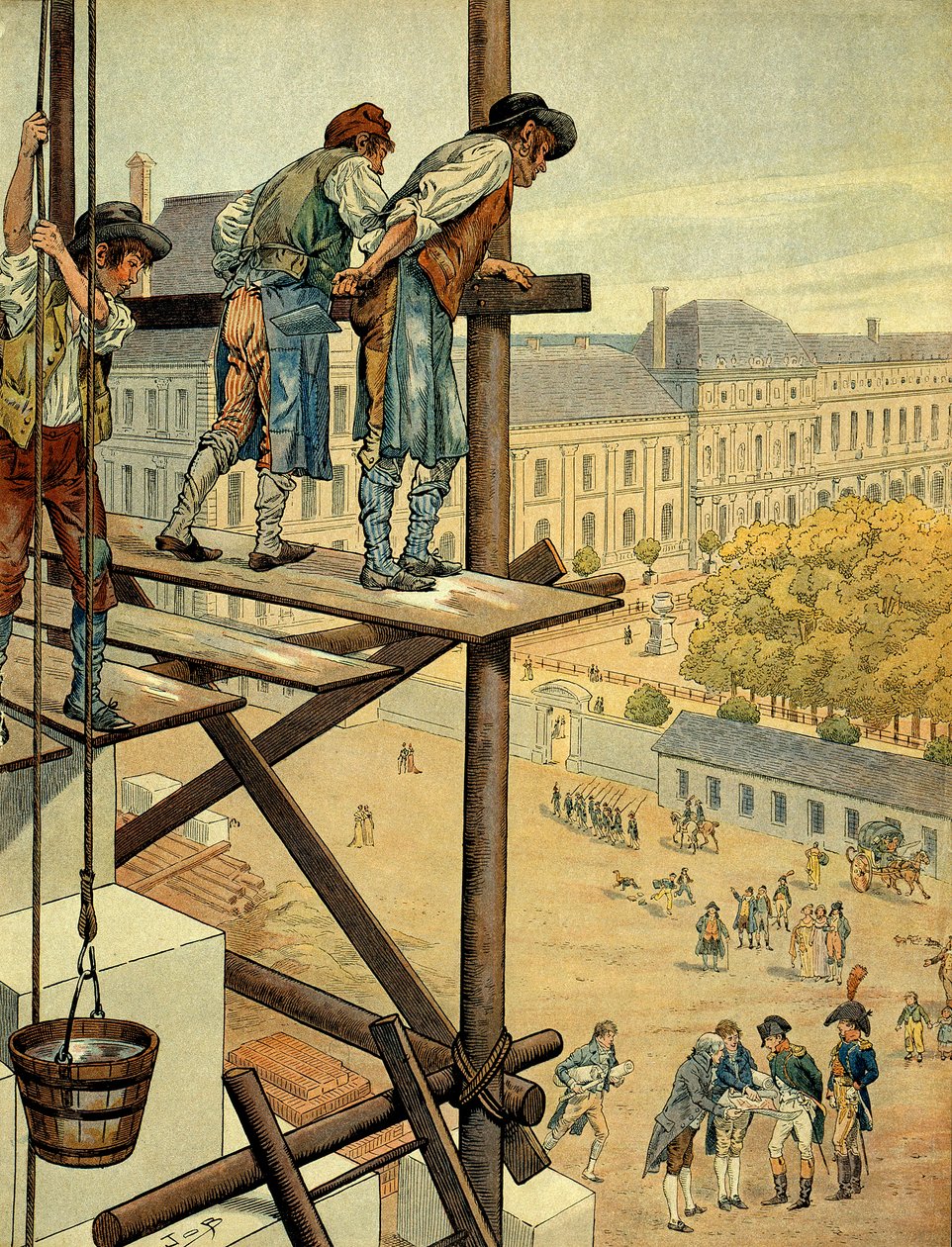 I. Bonaparte Napóleon (1769-1821) figyelemmel kíséri a Louvre és a párizsi Palais des Tuileries és a Place és a Rue de Rivoli közötti összeköttetés építészeti és városi alkotásait, amely 1802-ben kezdődött, és újraírta a lezajlott csata nevét. alkotó: pseudonym for Onfray de Breville Jacques Job