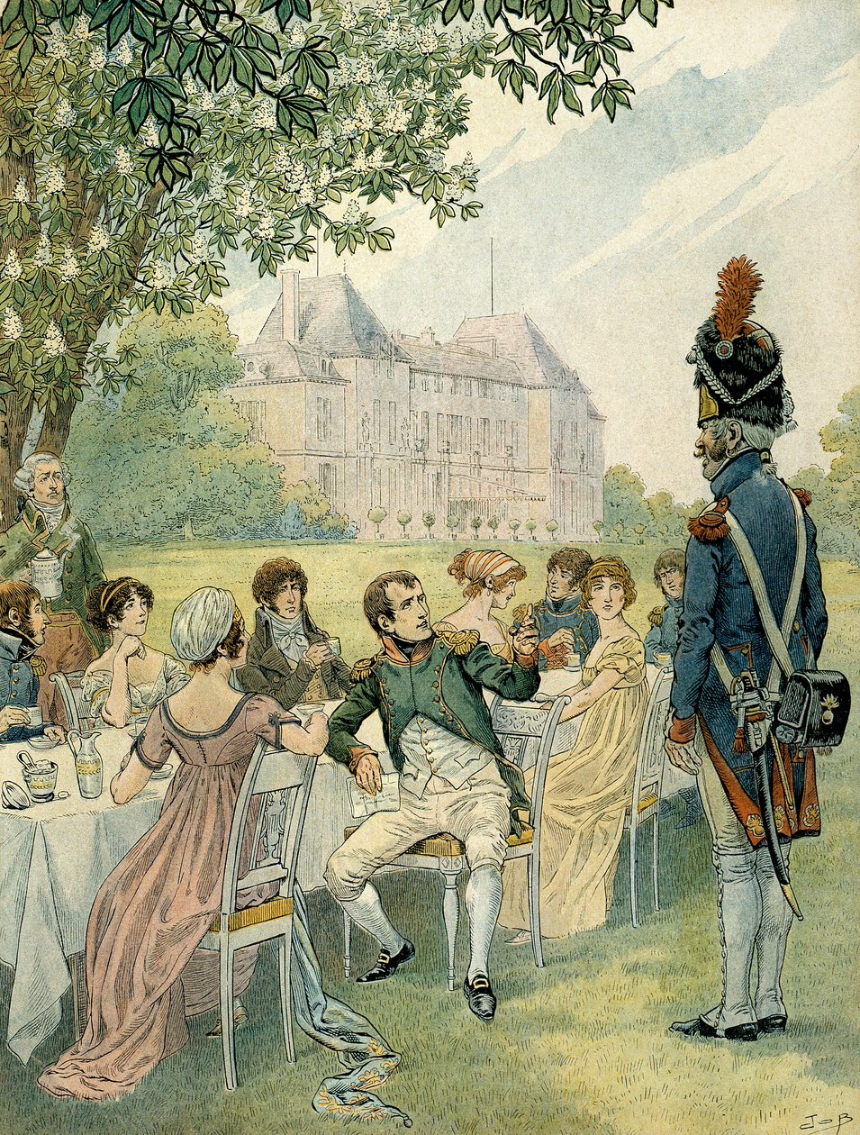 I. Bonaparte Napóleon (1769-1821) ebéd közben a malmaisoni kastély kertjében. Illusztráció: Jacques Marie Gaston Onfray de Breville a JOB-ban (1858-1931). Magángyűjtemény alkotó: pseudonym for Onfray de Breville Jacques Job