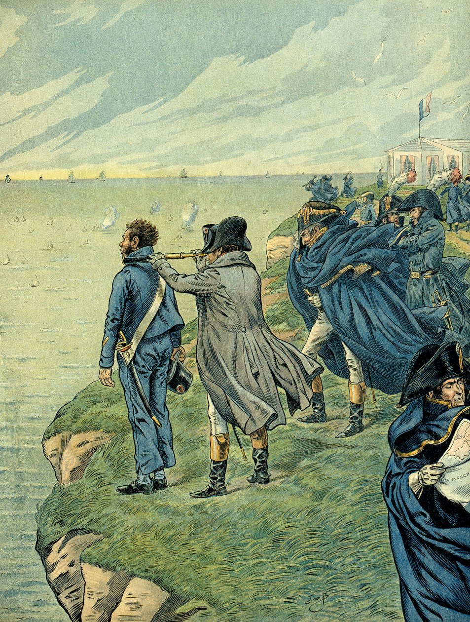 I. Bonaparte Napóleon (1769-1821) 1804 júliusában meglátogatta a boulogne-i tábor arzenálját. Jacques Marie Gaston illusztrációja Onfray de Breville dit JOB (1858-1931). Magángyűjtemény alkotó: pseudonym for Onfray de Breville Jacques Job