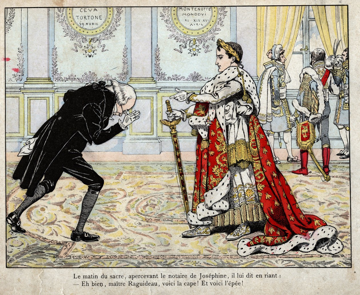 Napóleon és Raguideau közjegyző, 1804-es koronázás reggele – Job (Jacques Onfroy de Breville) litográfiája a „Le Grand Napoleon des Petites Enfants” című filmből, 1893 alkotó: pseudonym for Onfray de Breville Jacques Job