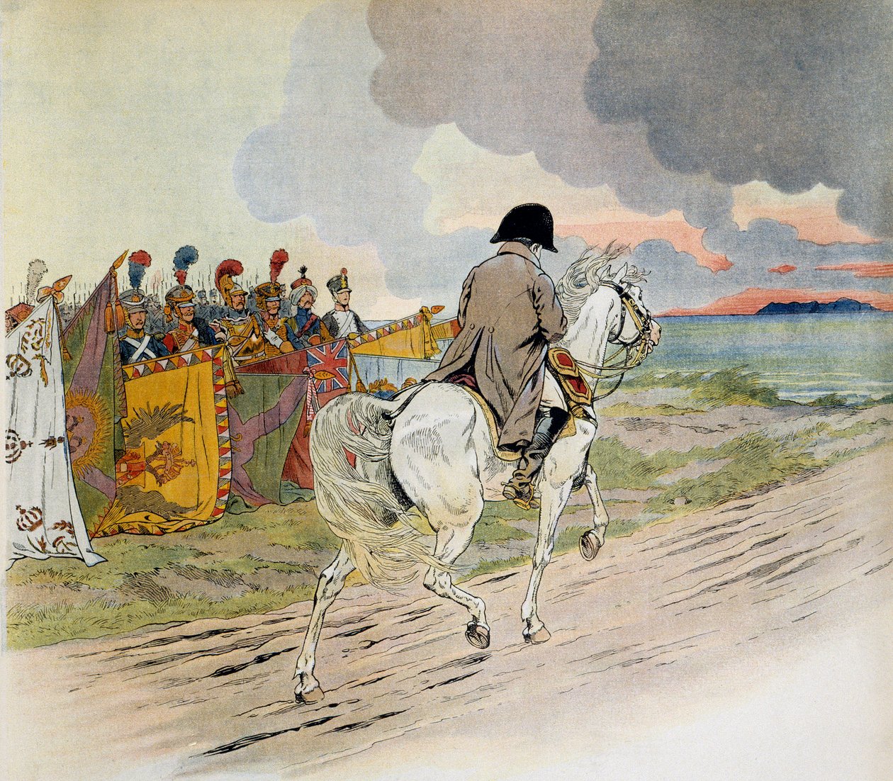 Napóleon lóháton haladt el csapatai előtt, amikor Elba szigetére száműzetésben távozott. Illusztráció: Jacques Marie Gaston Onfray de Breville a JOB-ban (1858-1931). Magángyűjtemény alkotó: pseudonym for Onfray de Breville Jacques Job