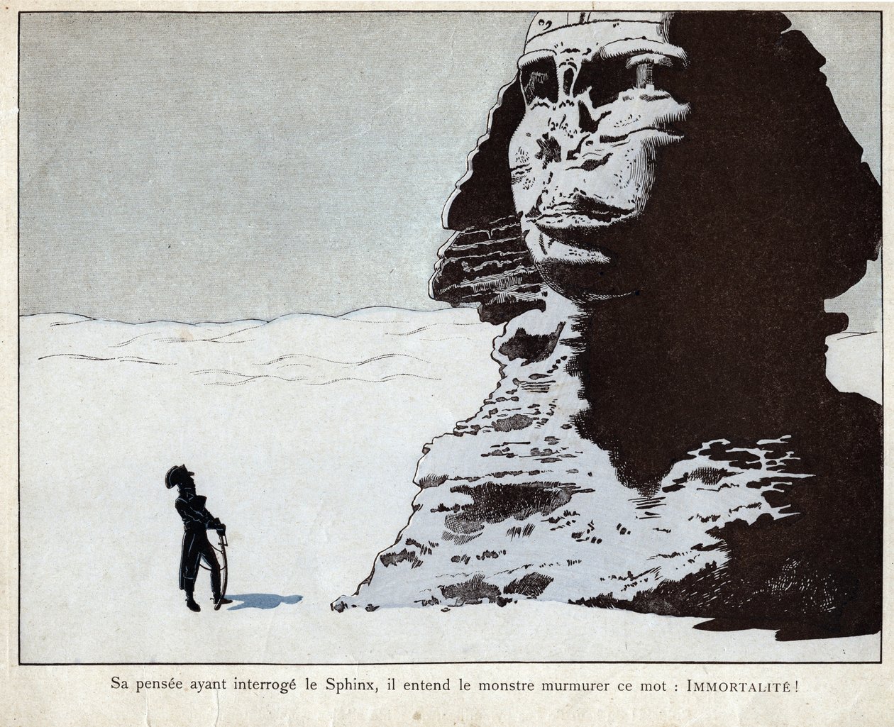 Napóleon a Szfinxet tanulmányozza Egyiptomban – Job litográfiája (Jacques Onfroy de Breville) a „Le Grand Napoleon des Petites Enfants” című filmből, 1893 alkotó: pseudonym for Onfray de Breville Jacques Job