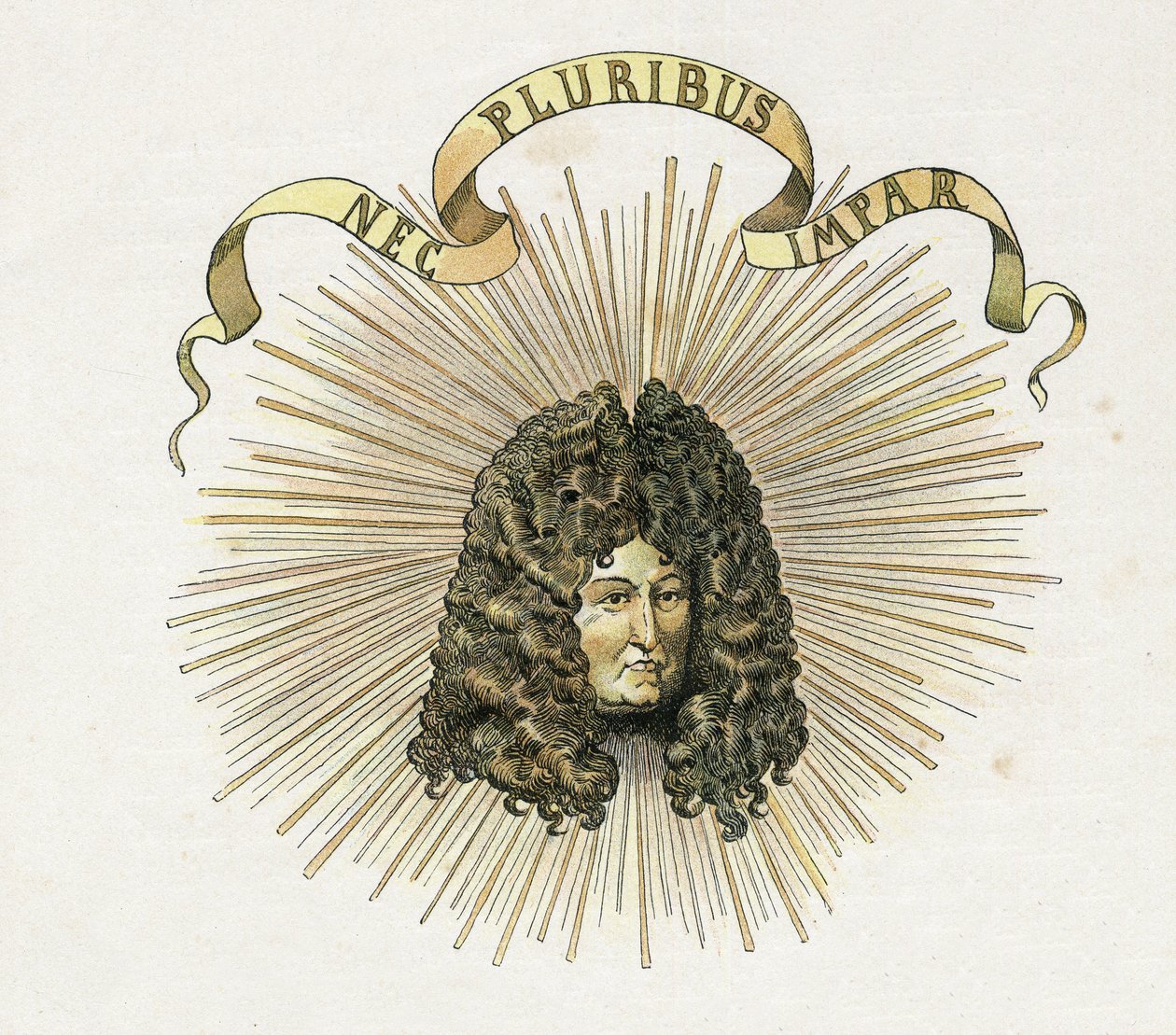 XIV. Lajos király (1638-1715) portréja latinul „Nec pluribus impar” (A nincs más hasonló). „” Franciaországban, története G. Montorgueil, imagee Job”” 1896. Magángyűjtemény. alkotó: pseudonym for Onfray de Breville Jacques Job