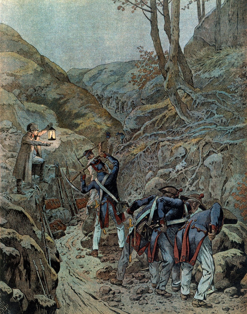 Poroszországi hadjárat (1806): A csapatok azon dolgoztak, hogy kiszélesítsék az ágyúk számára kialakított átjárót az Iena-hegy lábánál a csata (október 14-én) előestéjén. alkotó: pseudonym for Onfray de Breville Jacques Job