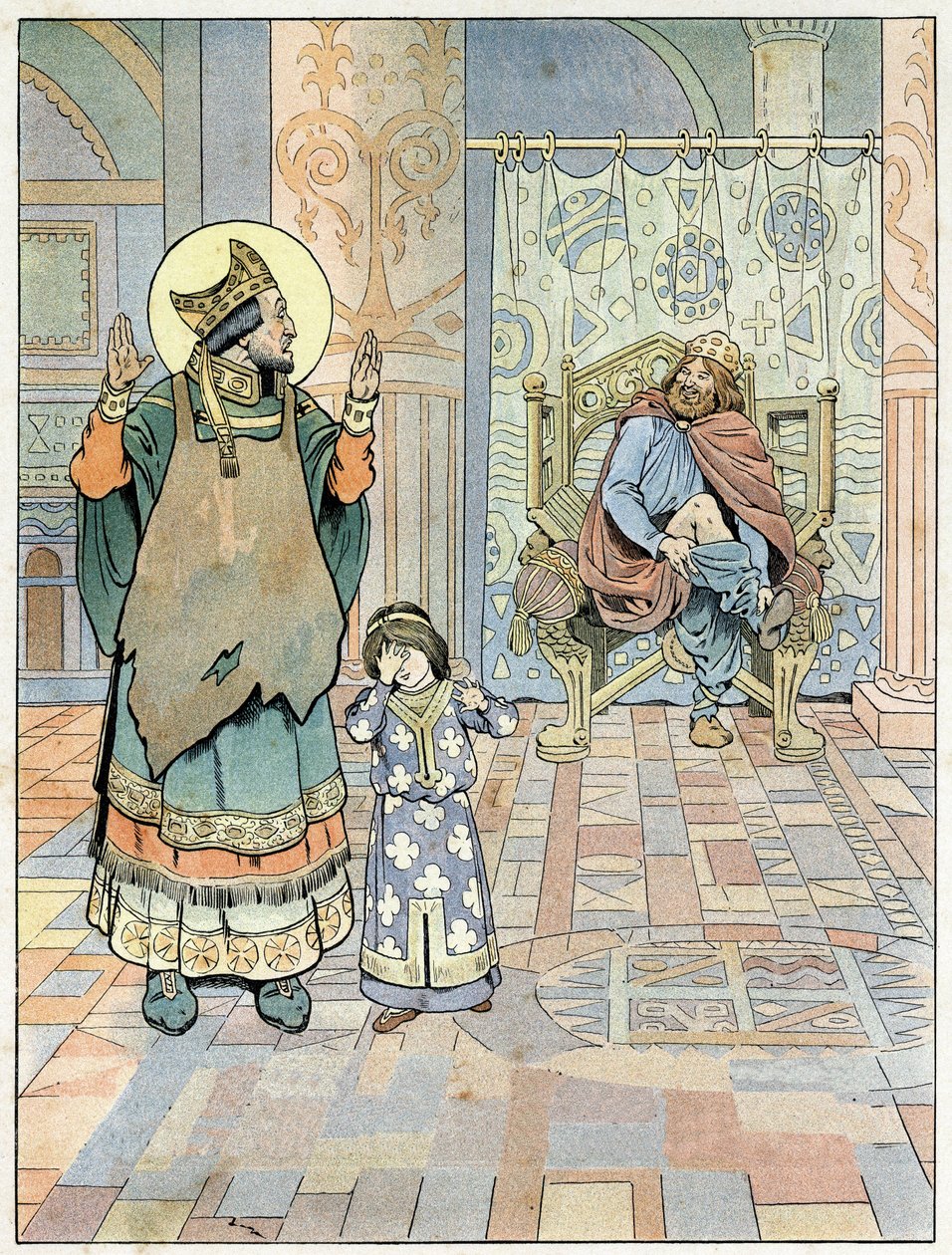 Saint Eloi (v.588-659) felhívja a francia király I. Dagobert (602 vagy 605-638 vagy 639), hogy a nadrágját fejjel lefelé (alsónadrág fejjel lefelé) húzta. in „Franciaország, története G. Montorgueil, imagee by Job”” 1896. Magángyűjtemény. alkotó: pseudonym for Onfray de Breville Jacques Job