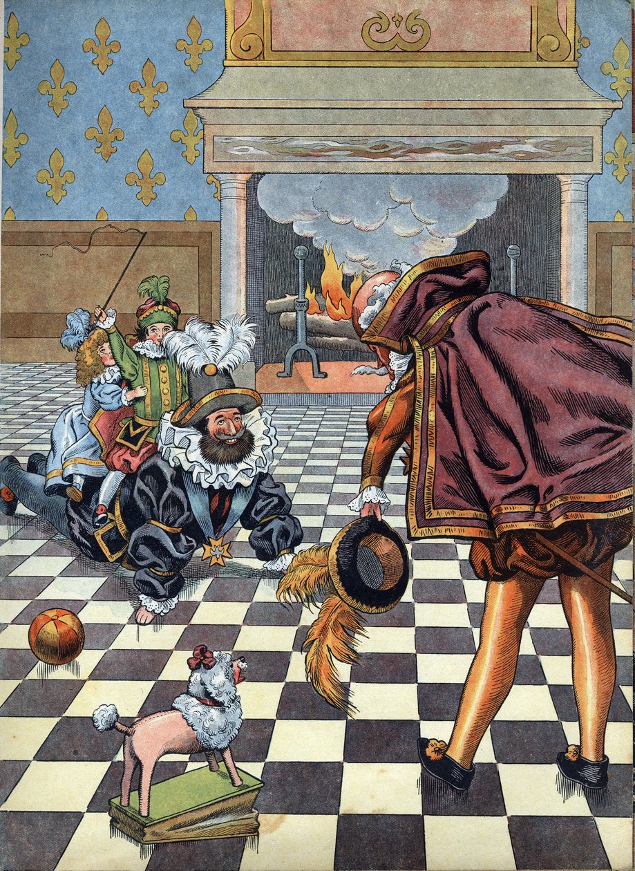 Franciaország történetének jelenete játékokban: IV. Henrik francia király (1553-1610) játszik gyermekeivel a spanyol nagykövet előtt. A „Joujoux a l