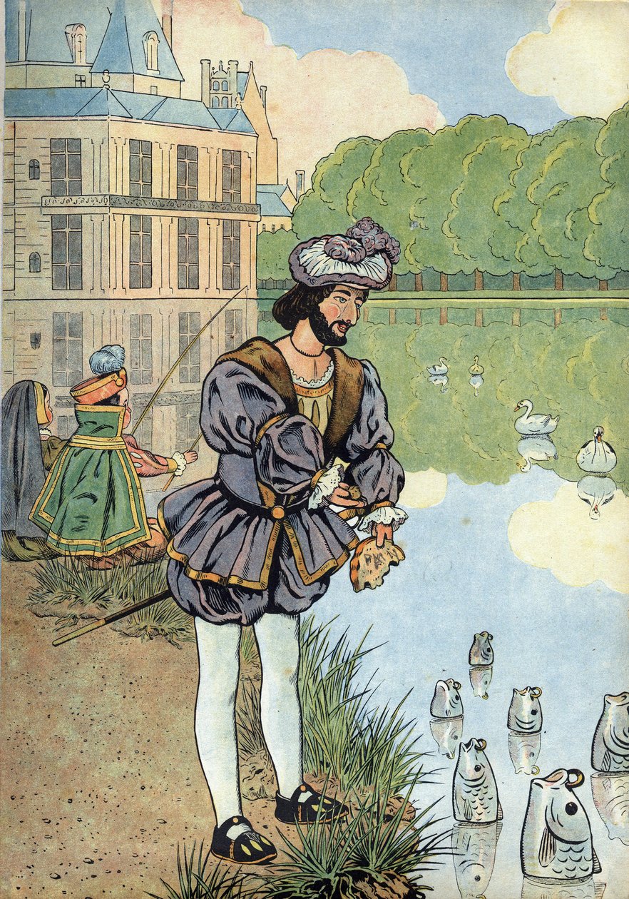 Franciaország történetének jelenete játékokban: I. Francois francia király (1494-1547) kenyeret ad a fontainebleau-i park halainak. A „Joujoux a l