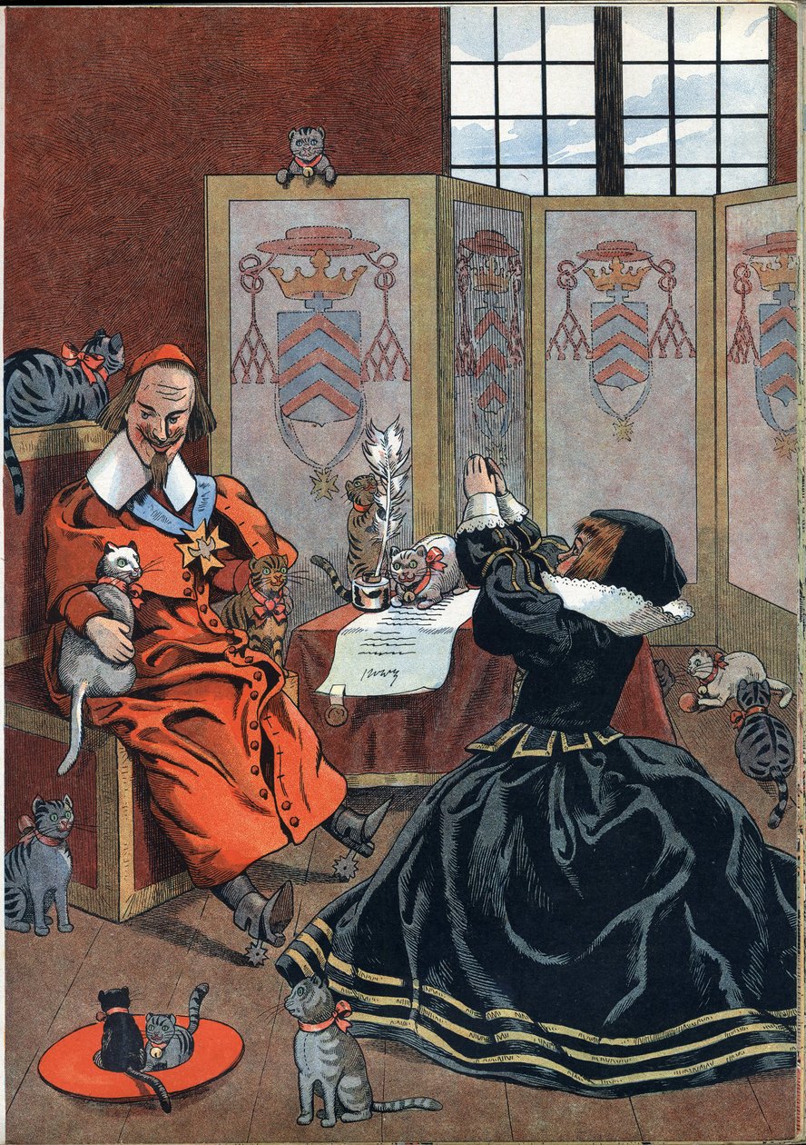 Franciaország történetének jelenete játékokban: nő, aki Richelieu bíboros (1585-1642) bocsánatáért könyörög macskákkal körülvéve. A „Joujoux a l