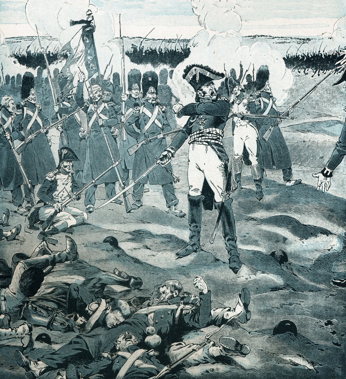 Az őr meghalt, de nem válaszolt Cambronne (1770-1842) tábornoknak, aki Garde utolsó terét irányította, miközben az ellenség arra kérte a francia hadsereget, hogy adja meg magát a waterlooi csatában 1815. június 18-án. Job illusztrációja (Jacques Marie Gast alkotó: pseudonym for Onfray de Breville Jacques Job