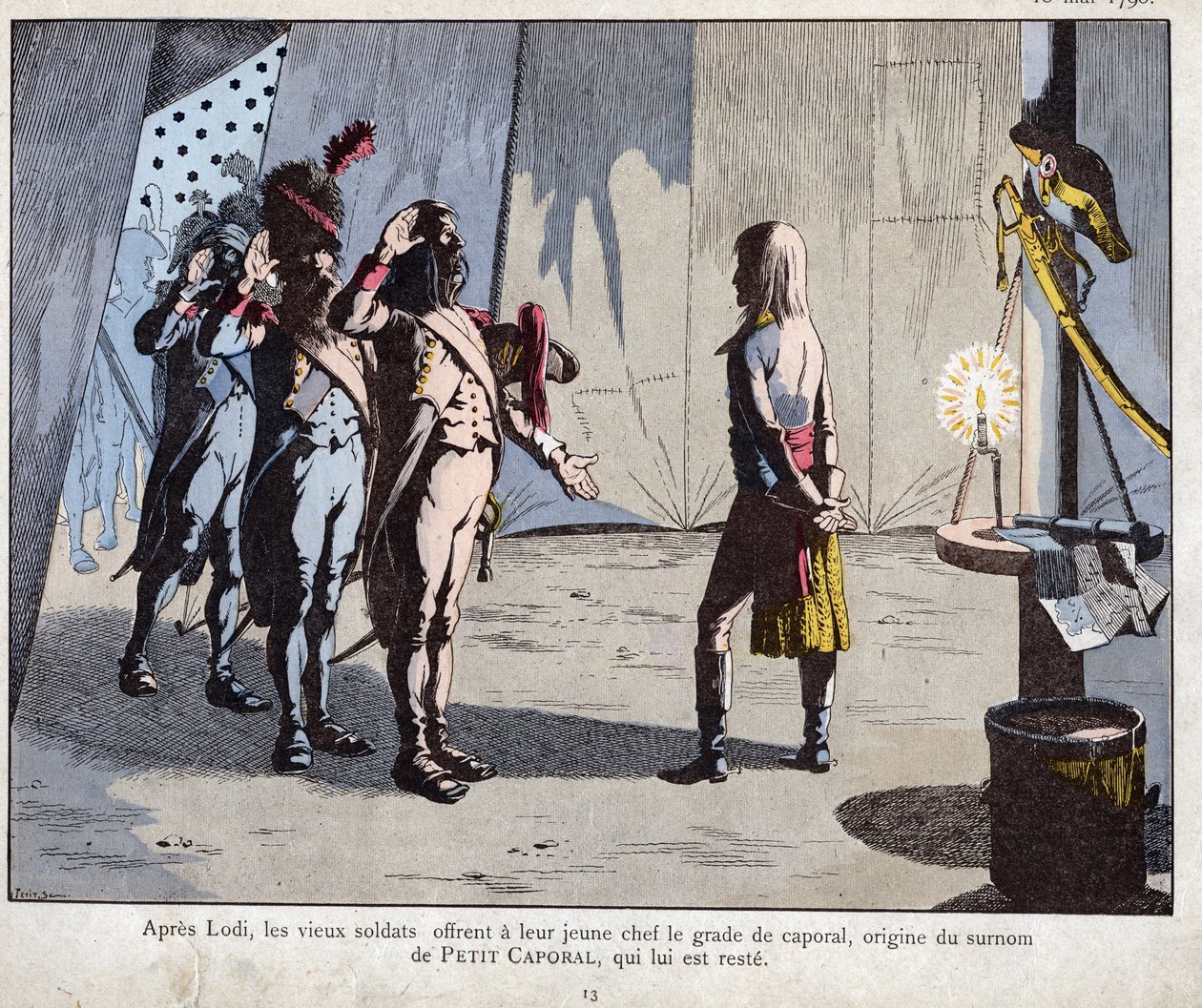 Az olasz hadsereg régi katonái a lodi csata után Bonaparte tizedesnek nevezték el alkotó: pseudonym for Onfray de Breville Jacques Job