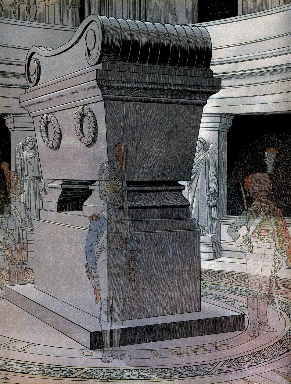 I. Bonaparte Napóleon császár (1769-1821) sírja az Invalidusoknál szellemőrökkel. Georges Montorgueil „” Napóleon” című művében. Illusztráció: Jacques Marie Gaston Onfray de Breville a JOB-ban (1858-1931) alkotó: pseudonym for Onfray de Breville Jacques Job